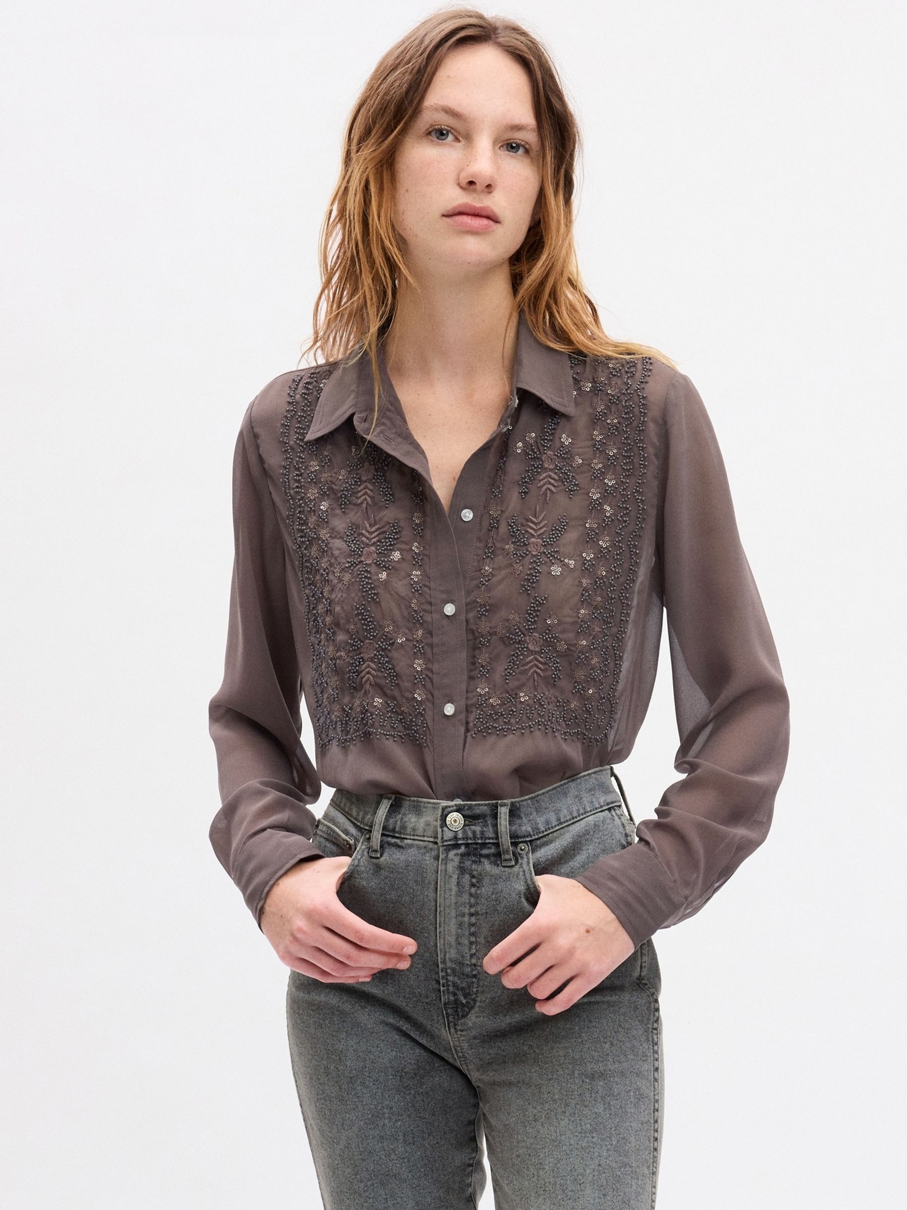 Brown Beaded Sheer Boyfriend Shirt - Image 1 of 4