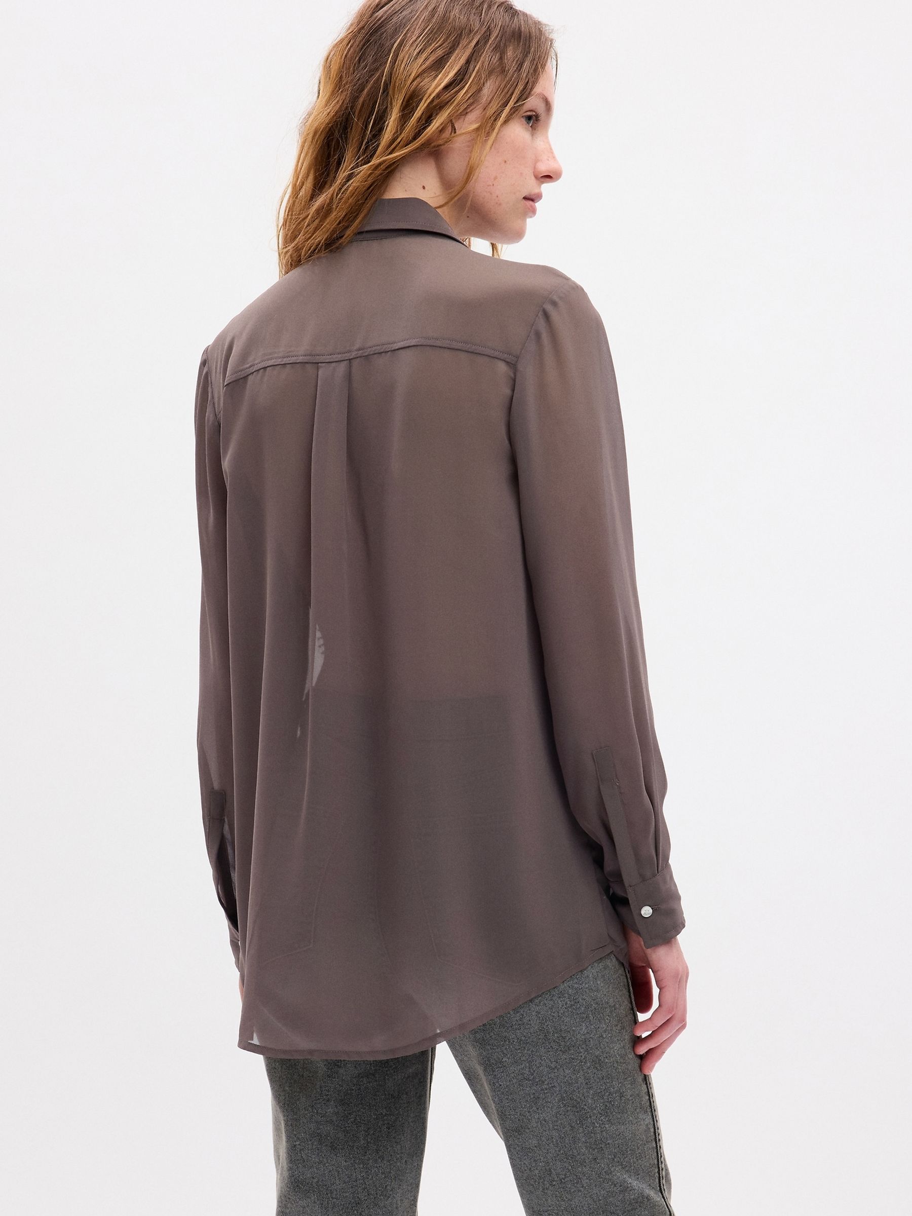 Brown Beaded Sheer Boyfriend Shirt - Image 2 of 4
