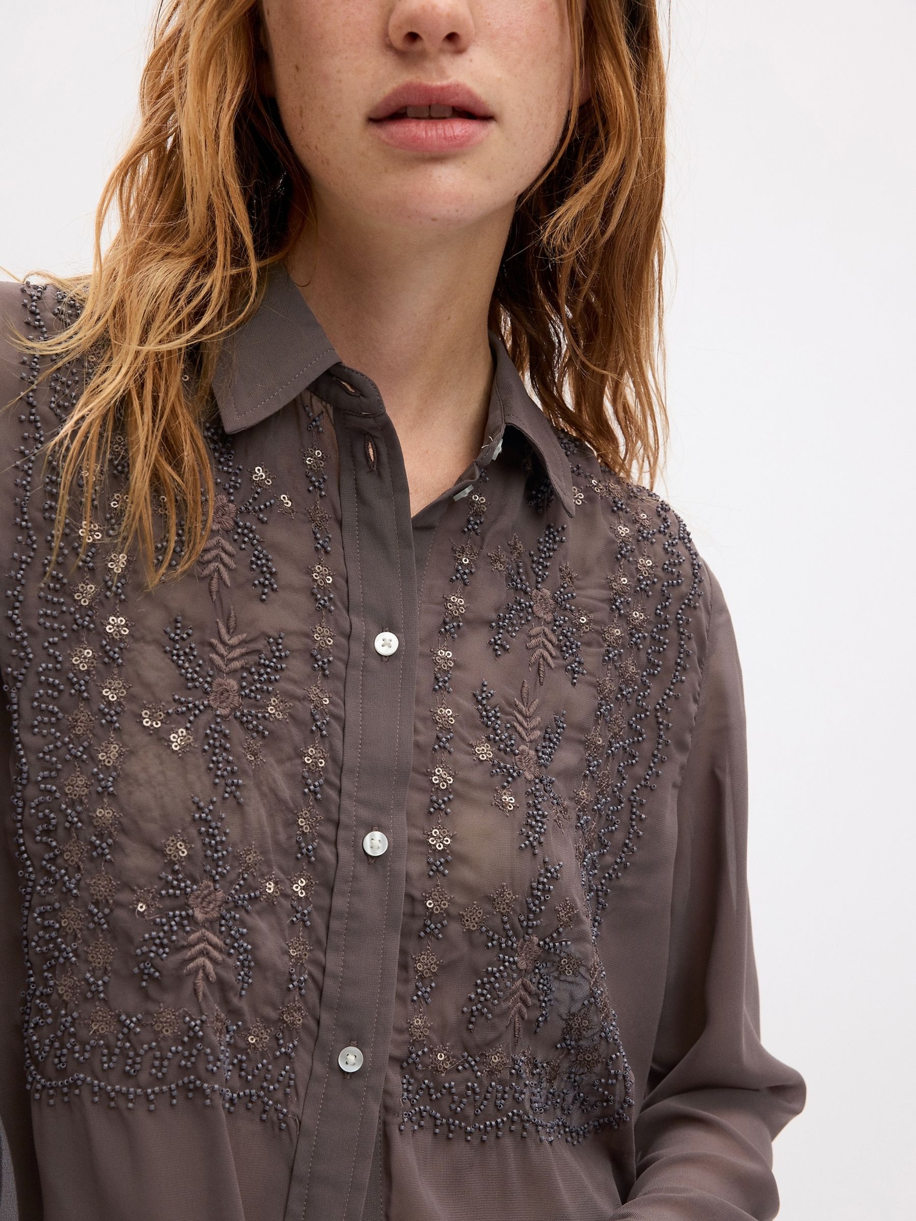 Brown Beaded Sheer Boyfriend Shirt - Image 3 of 4