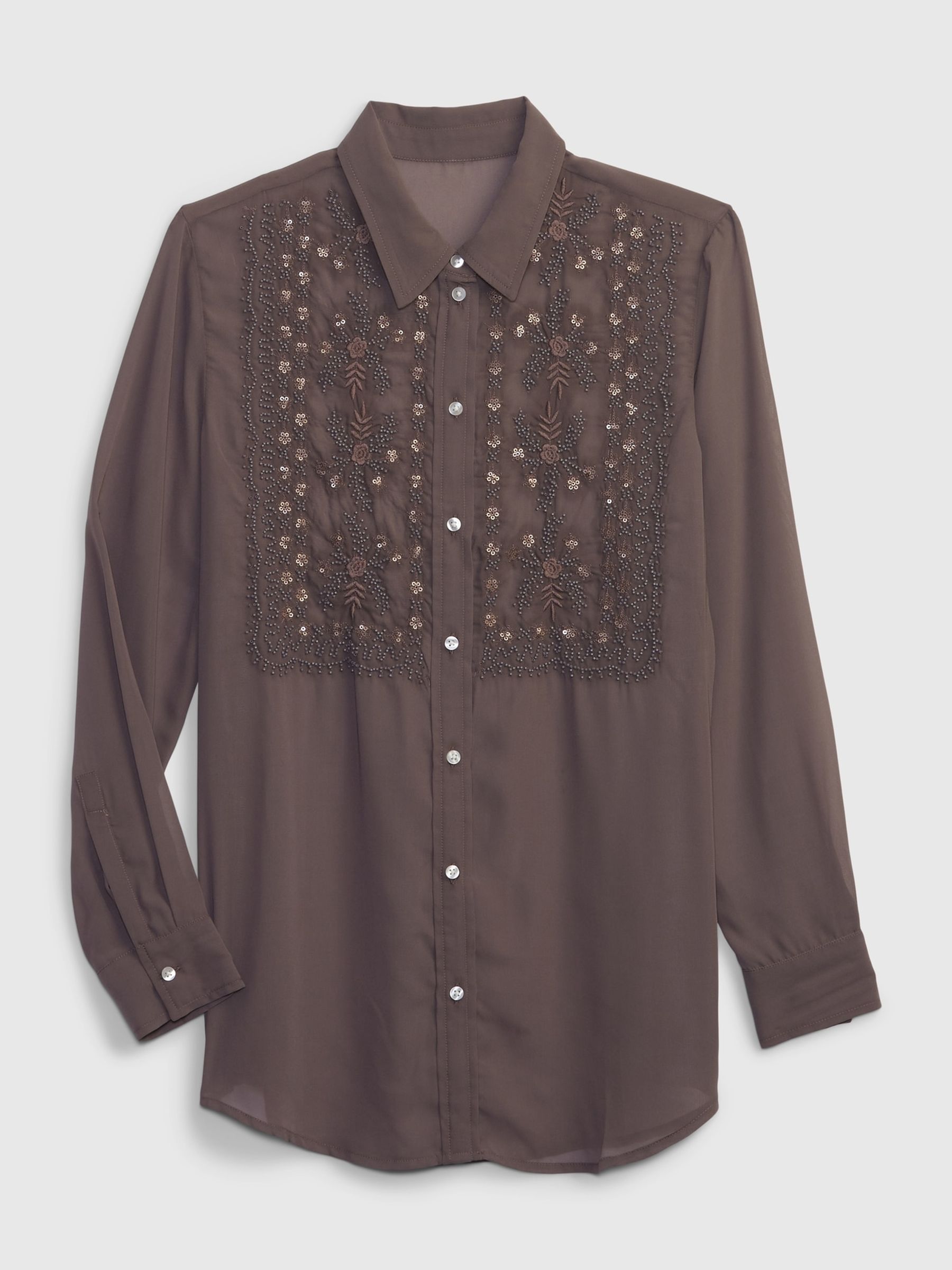 Brown Beaded Sheer Boyfriend Shirt - Image 4 of 4