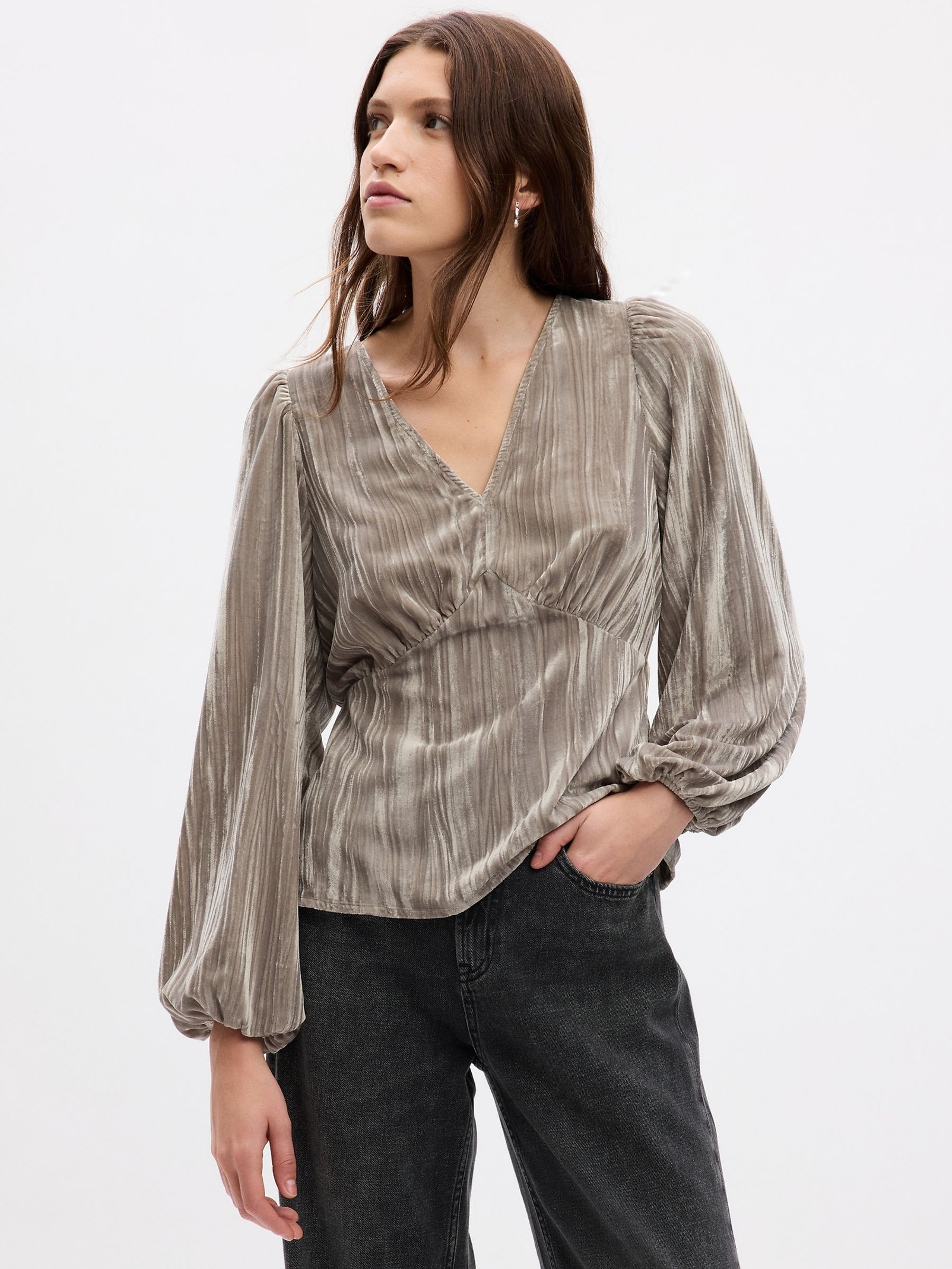 Brown Velvet Balloon Sleeve V-Neck Top - Image 1 of 1