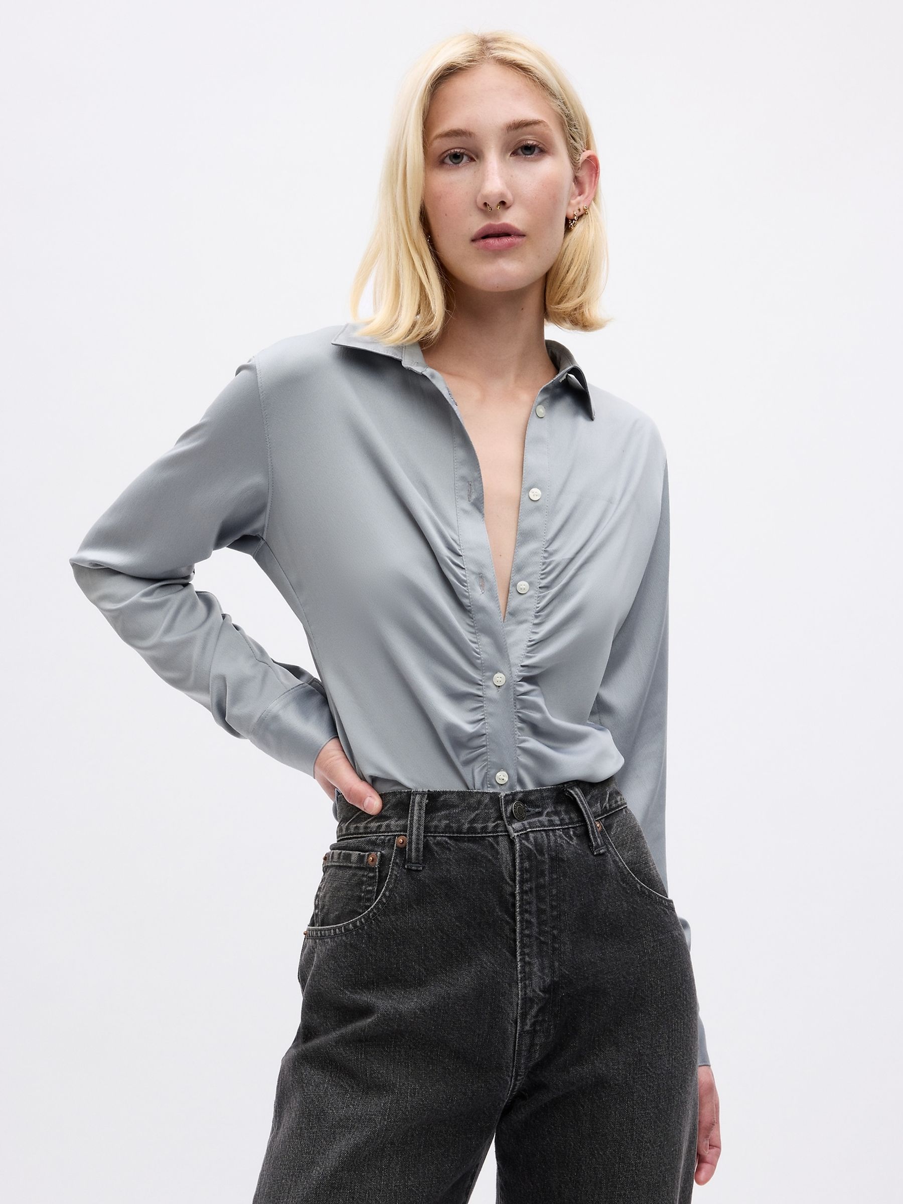 Grey Satin Ruched Long Sleeve Shirt - Image 1 of 2