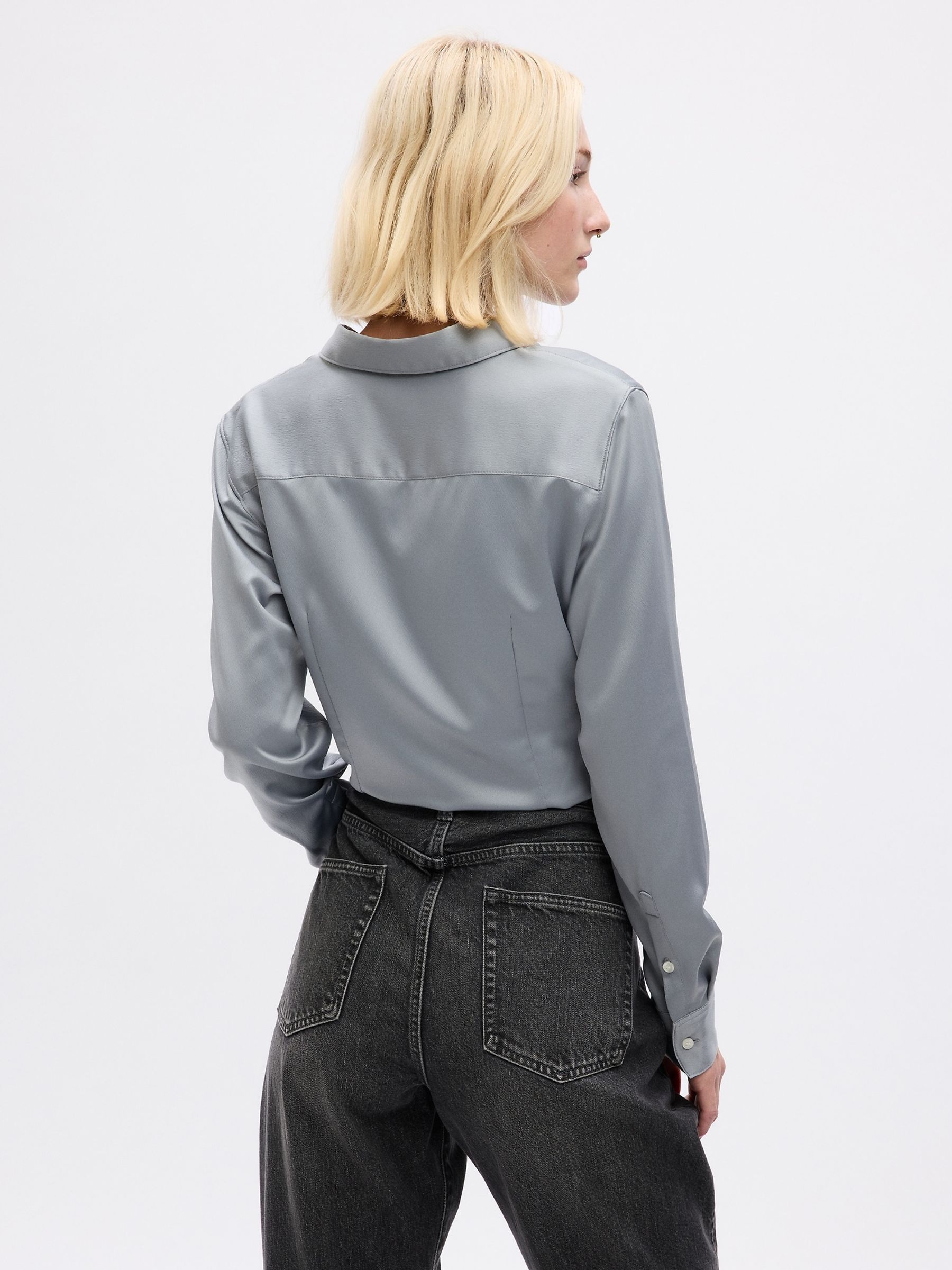 Grey Satin Ruched Long Sleeve Shirt - Image 2 of 2