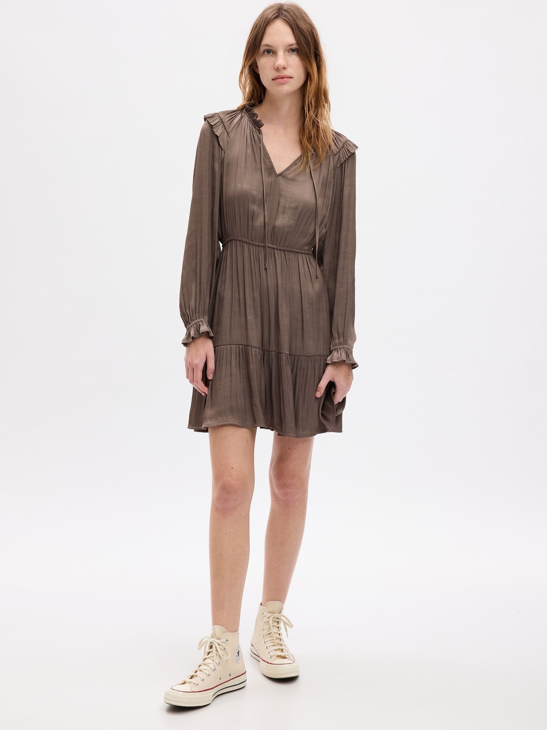 Brown Split Neck Tiered Long Sleeve Mini Dress - Image 1 of 2