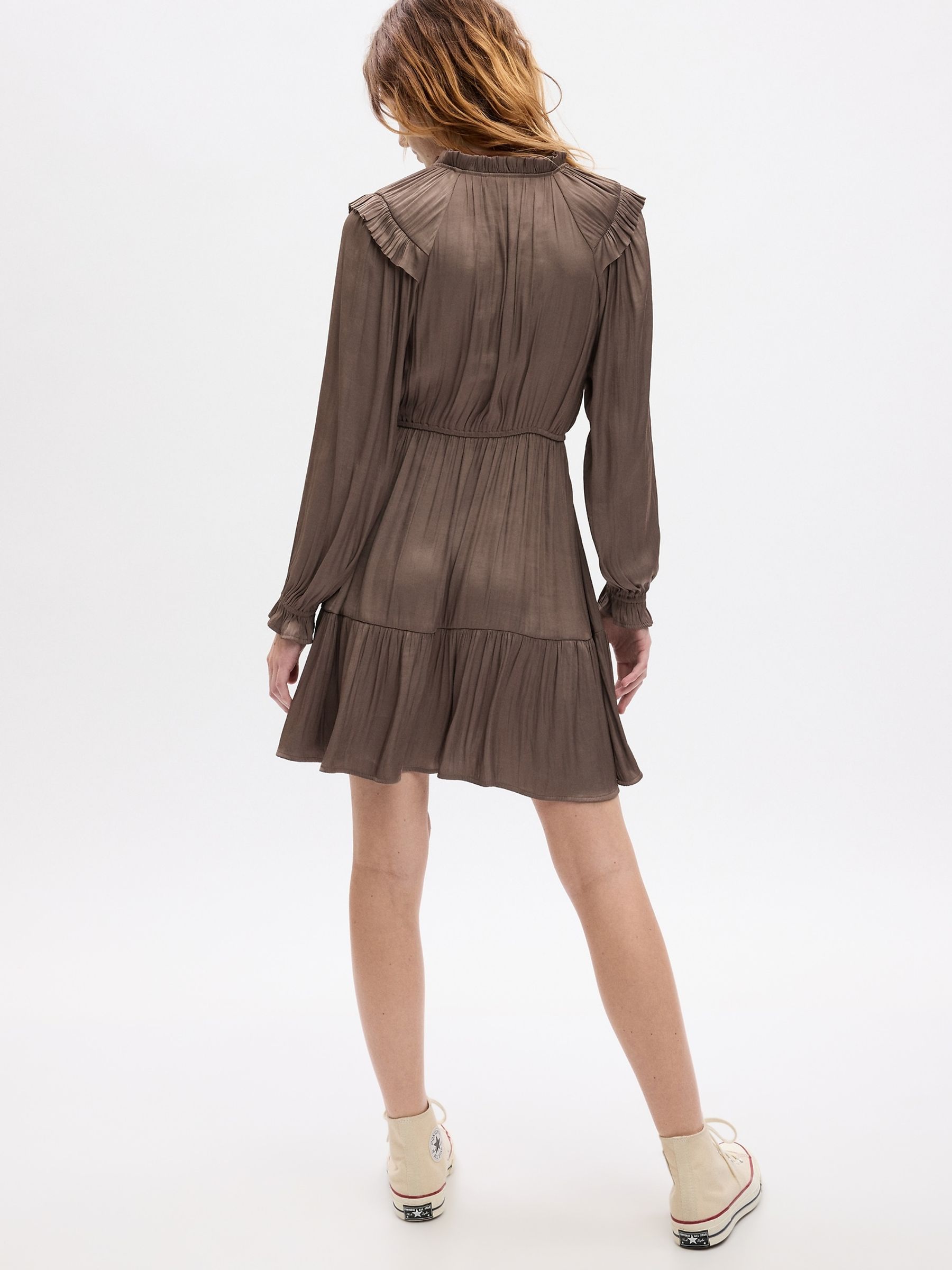 Brown Split Neck Tiered Long Sleeve Mini Dress - Image 2 of 2