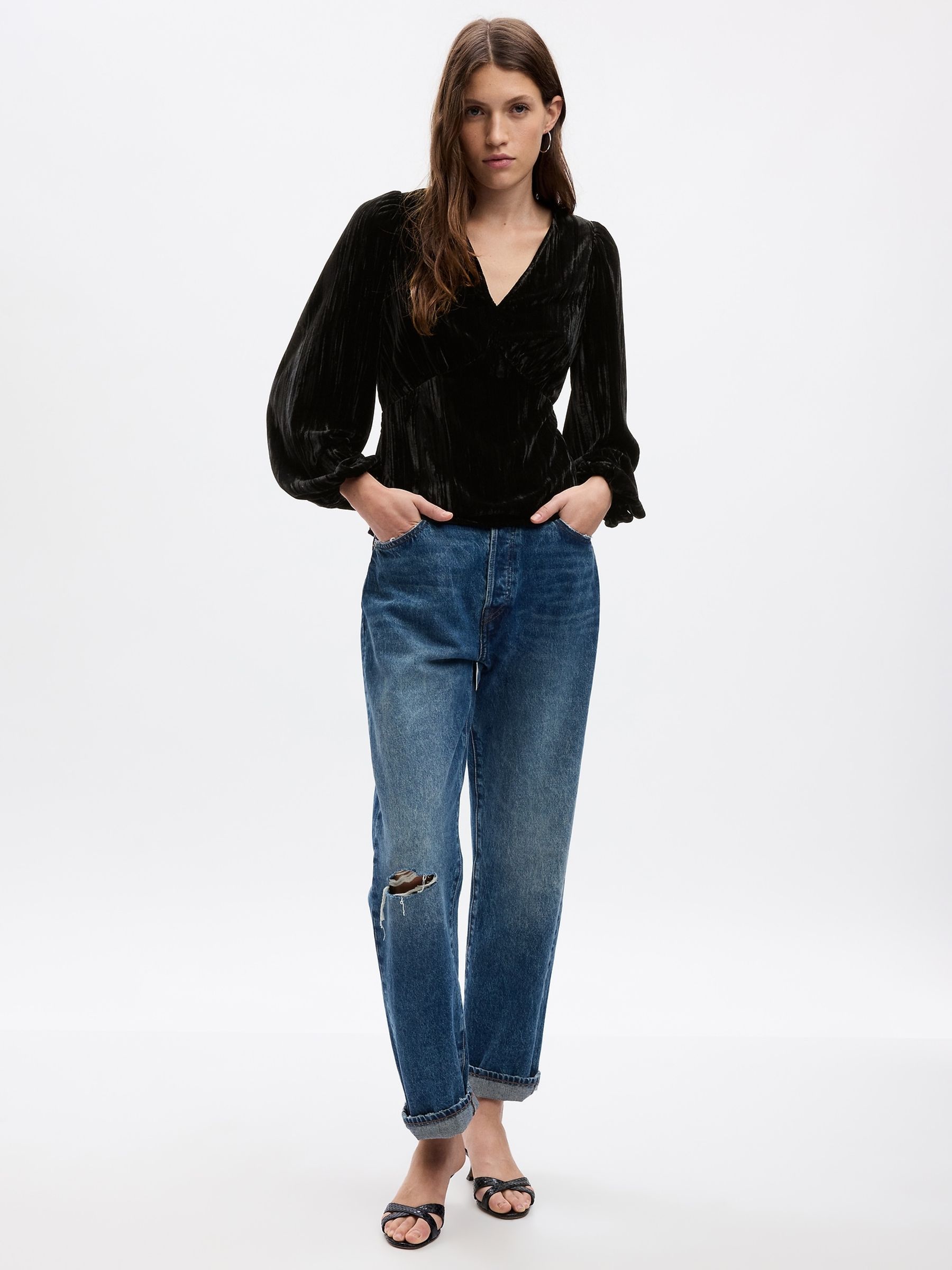 Black Velvet Balloon Sleeve V-Neck Top - Image 1 of 4