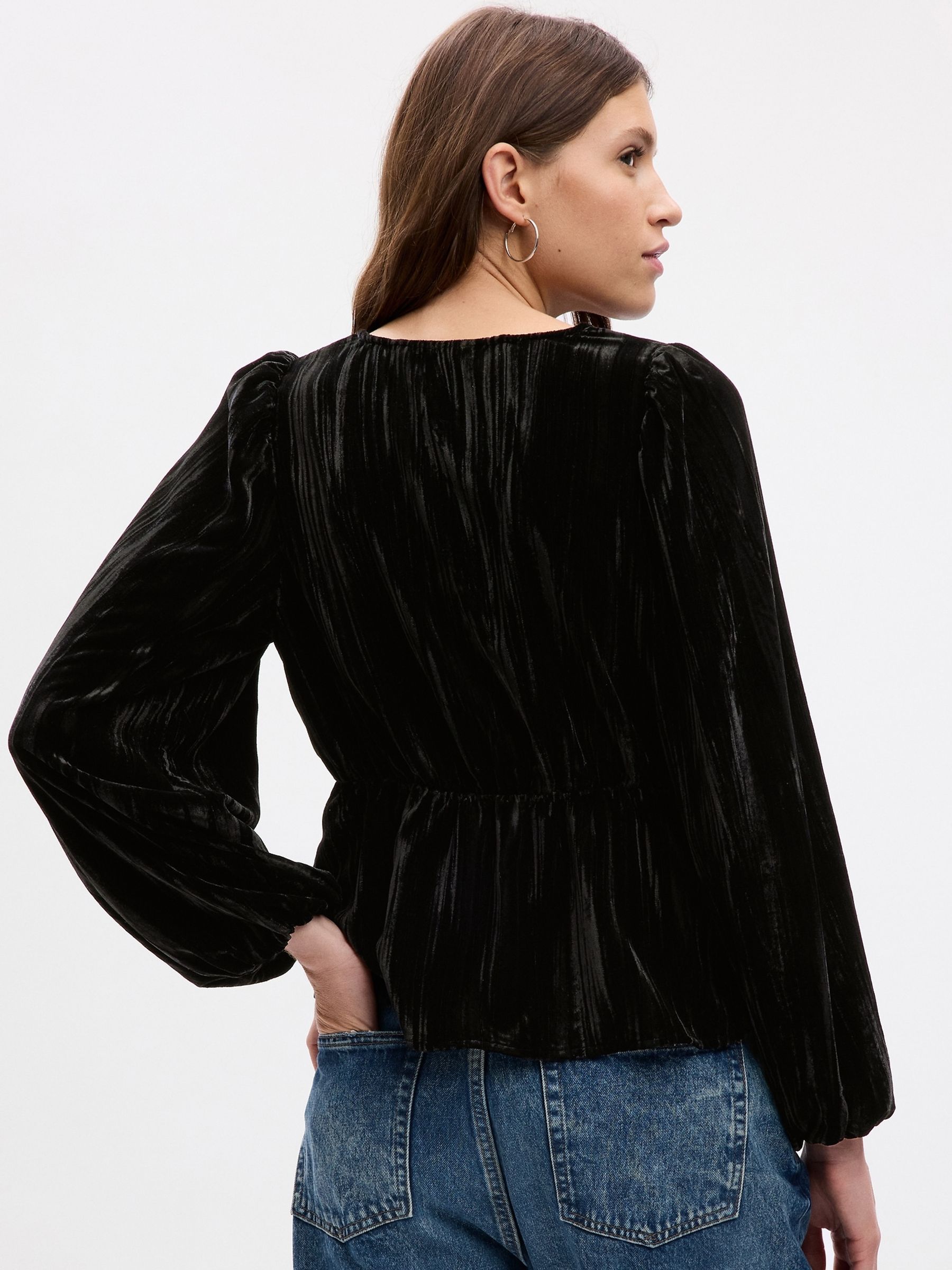Black Velvet Balloon Sleeve V-Neck Top - Image 2 of 4