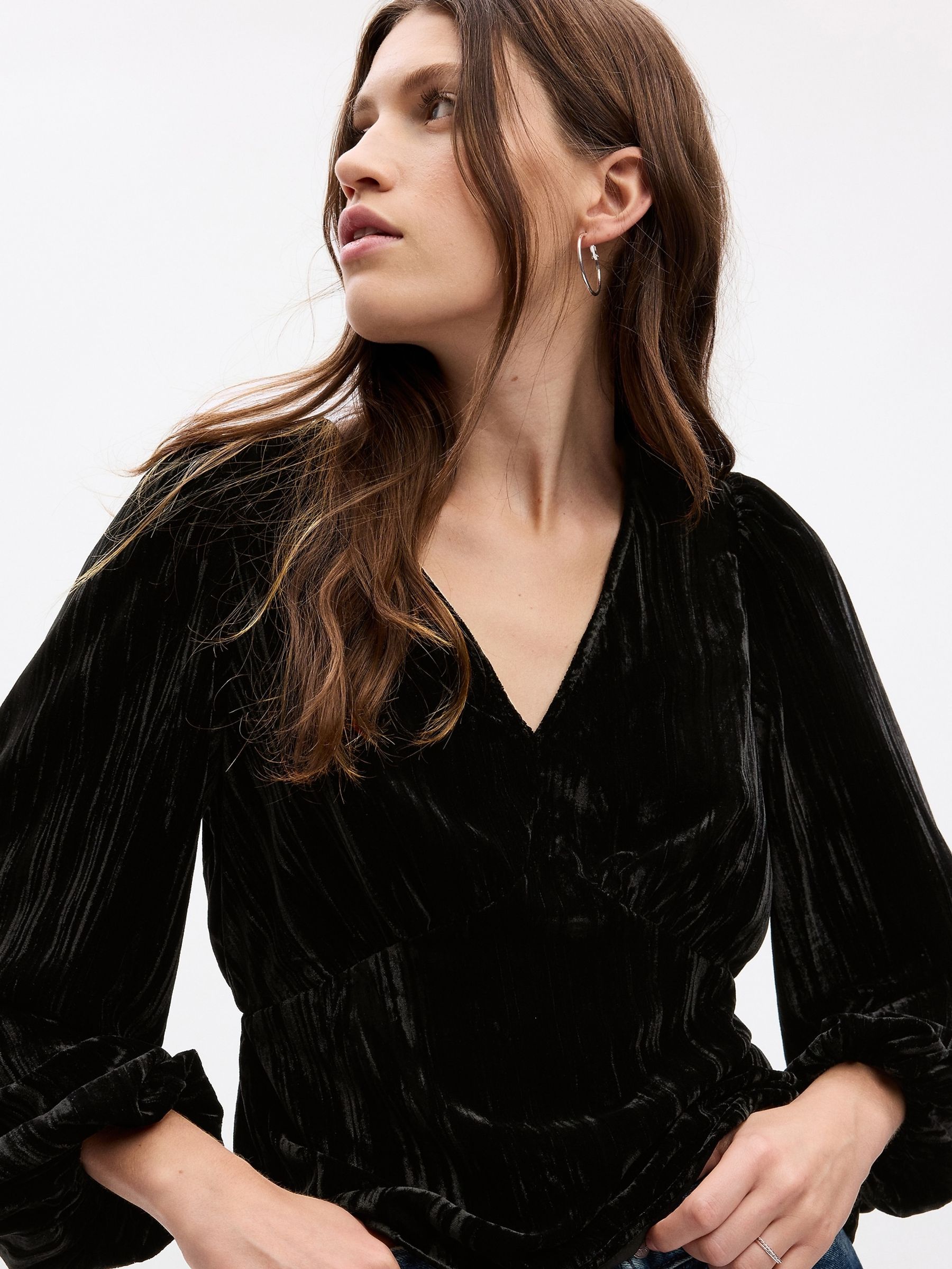 Black Velvet Balloon Sleeve V-Neck Top - Image 3 of 4