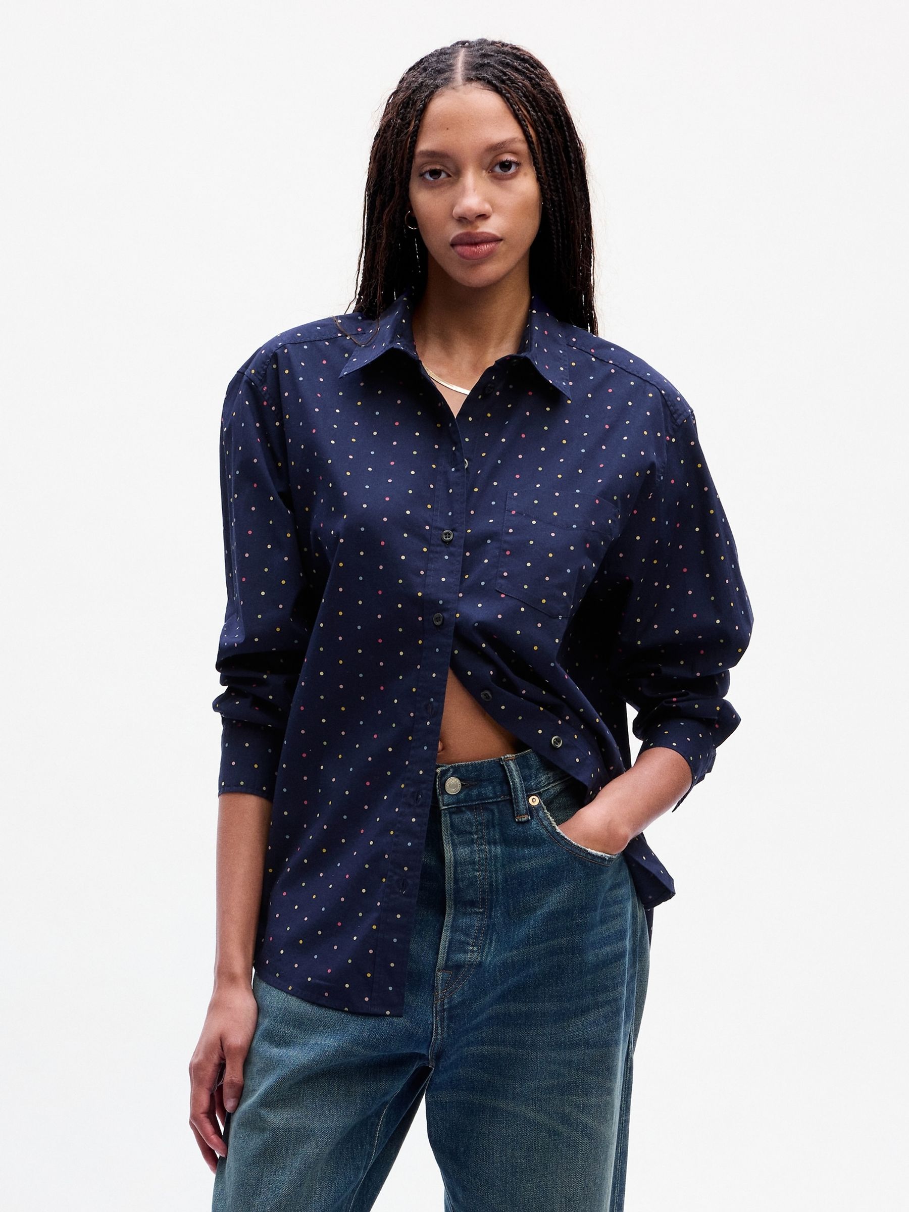Navy Blue Organic Cotton Oversized Long Sleeve Shirt - Image 1 of 5