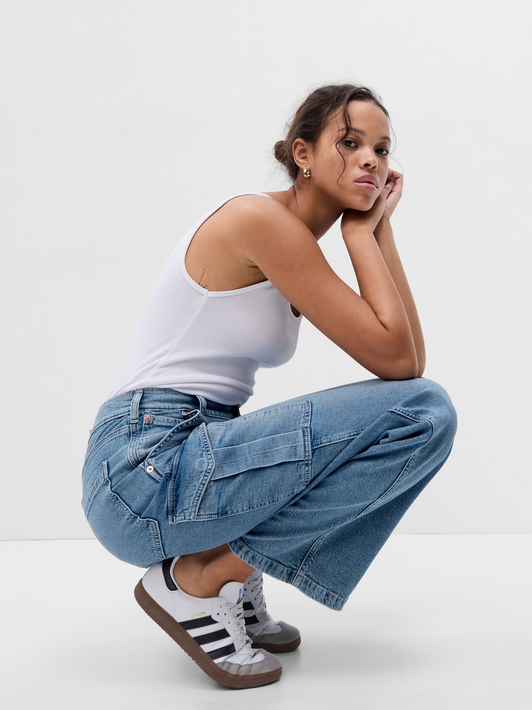 Light Indigo Blue Mid Rise 90s Loose Cargo Jeans - Image 7 of 7