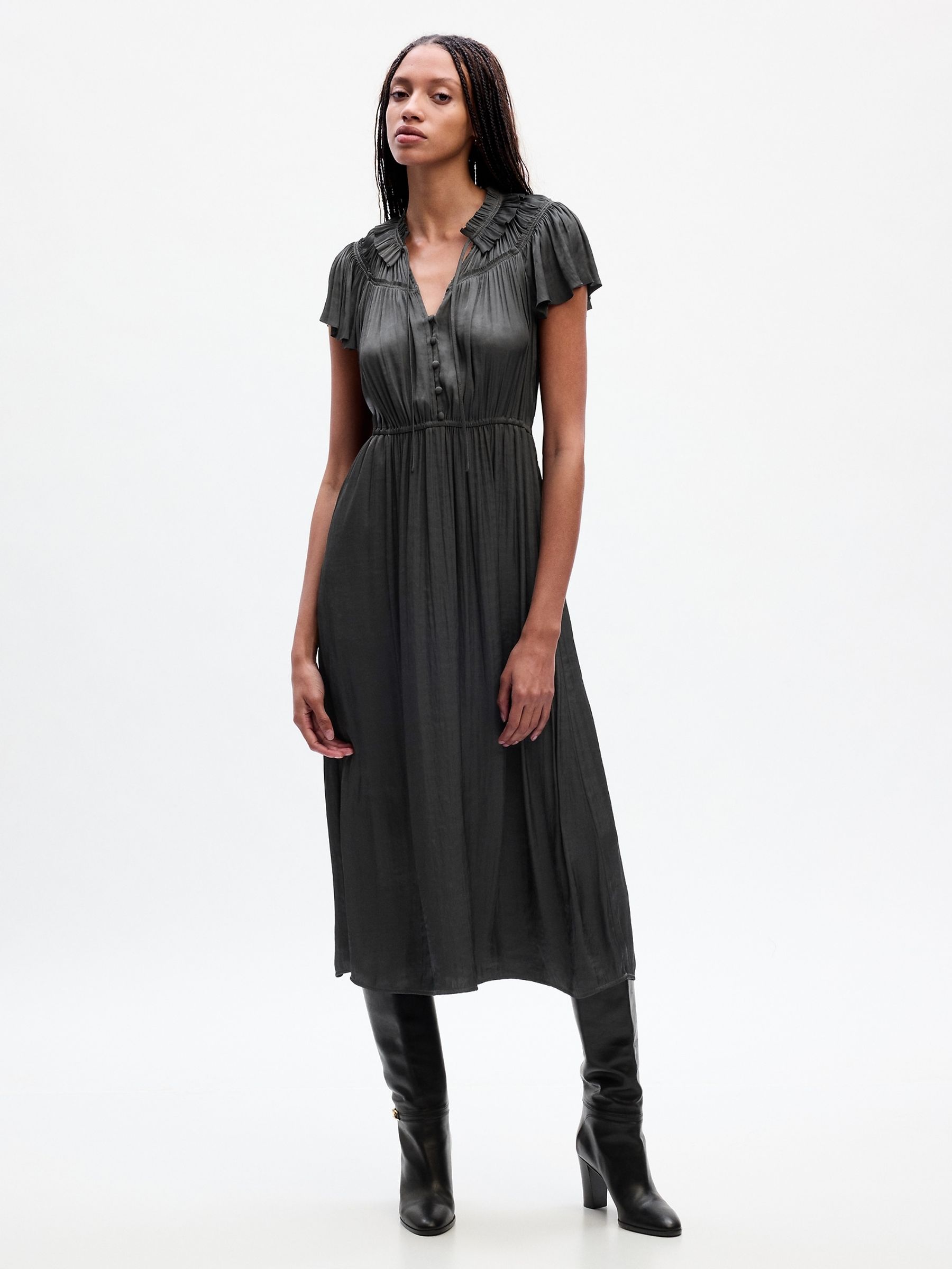 Charcoal Grey Ruffle Neck Short Sleeve Midi Dress - Image 1 of 2 Charcoal Grey Ruffle Neck Short Sleeve Midi Dress - Image 1 of 2