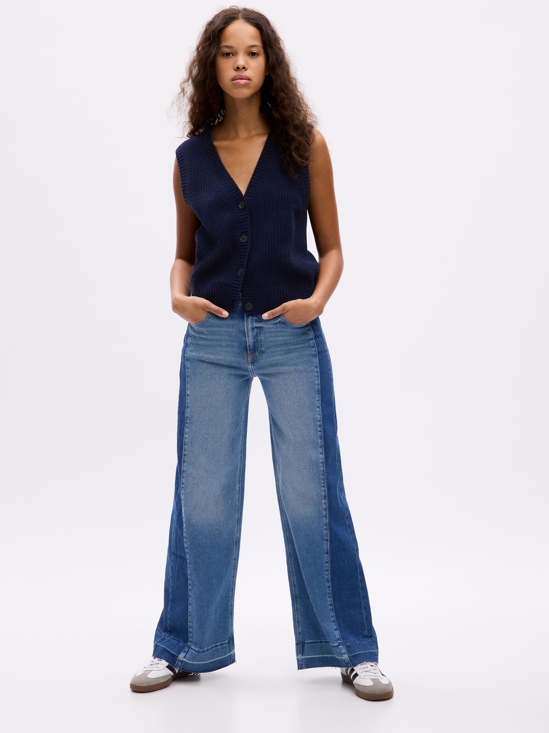 Blue Two Tone High Waist Wide Leg Jeans - Image 3 of 6