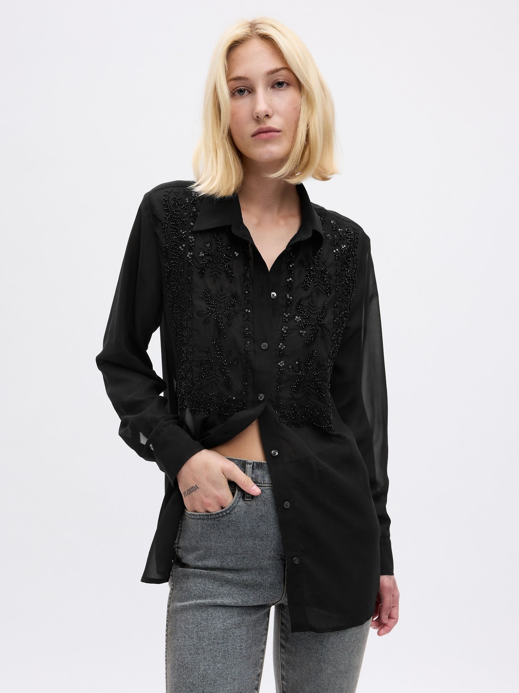 Black Beaded Sheer Boyfriend Shirt - Image 1 of 2