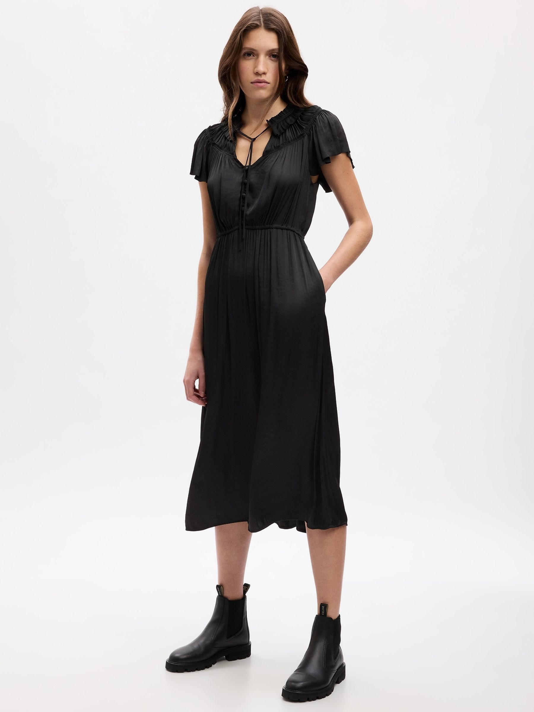 Black Ruffle Neck Short Sleeve Midi Dress - Image 1 of 5