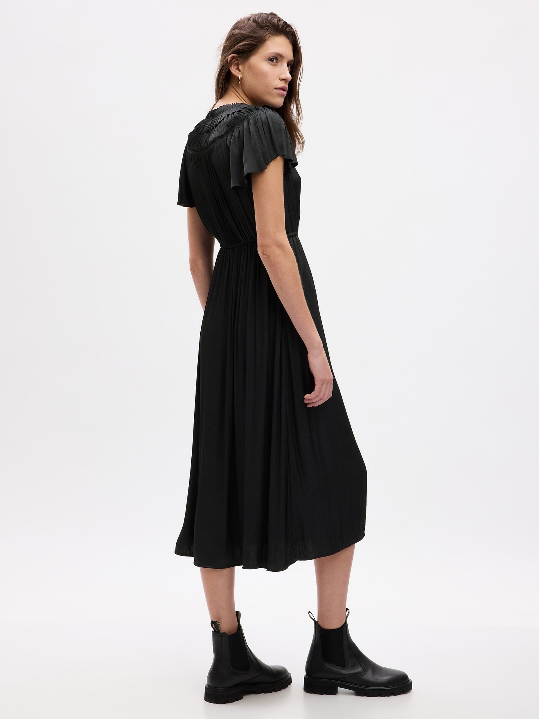 Black Ruffle Neck Short Sleeve Midi Dress - Image 3 of 5