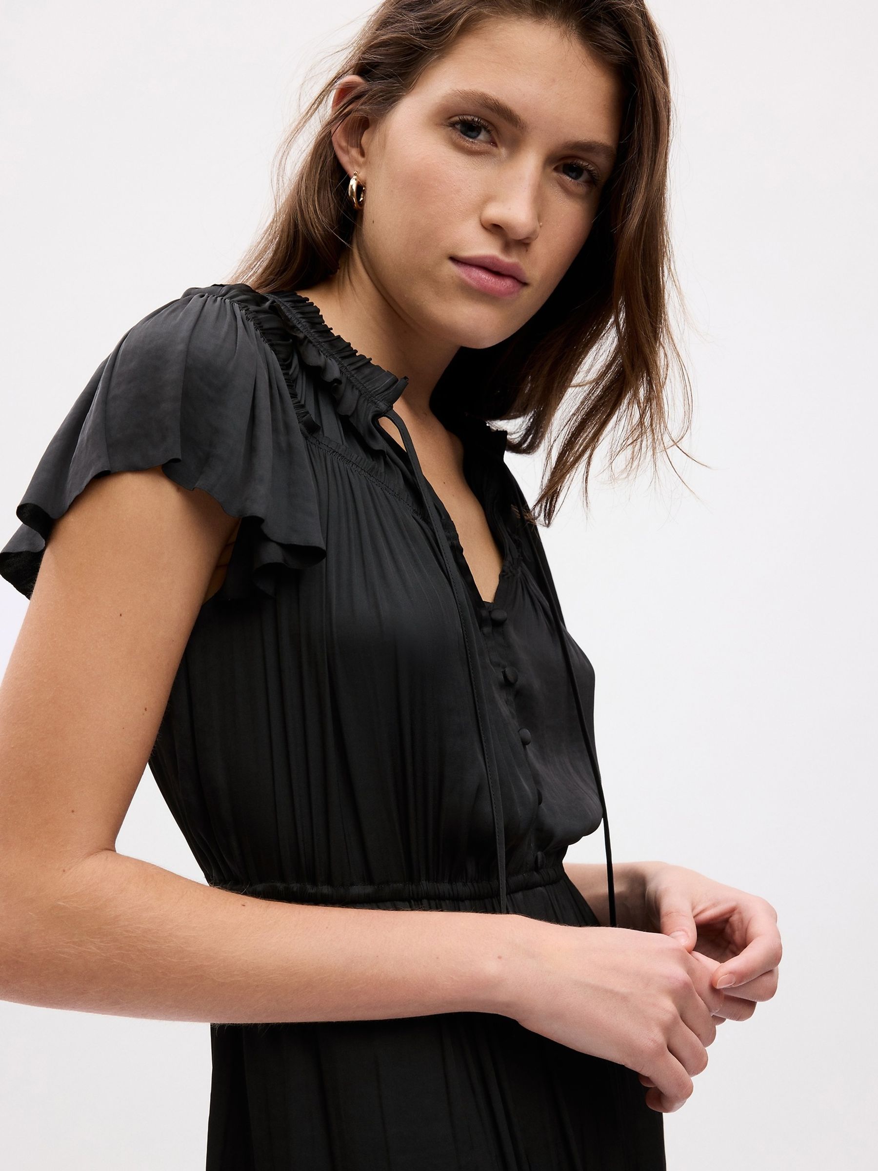 Black Ruffle Neck Short Sleeve Midi Dress - Image 5 of 5