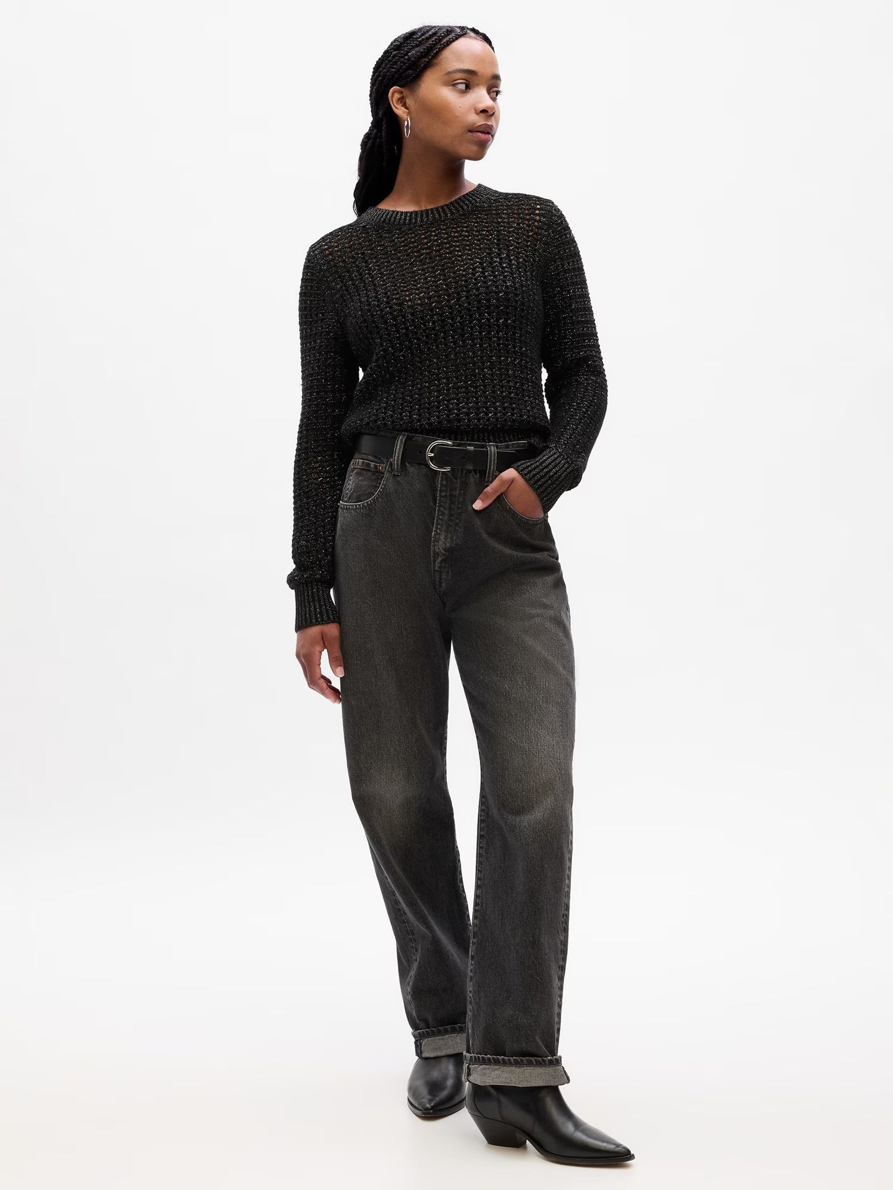 Black Crochet Crew Neck Long Sleeve Jumper - Image 1 of 1
