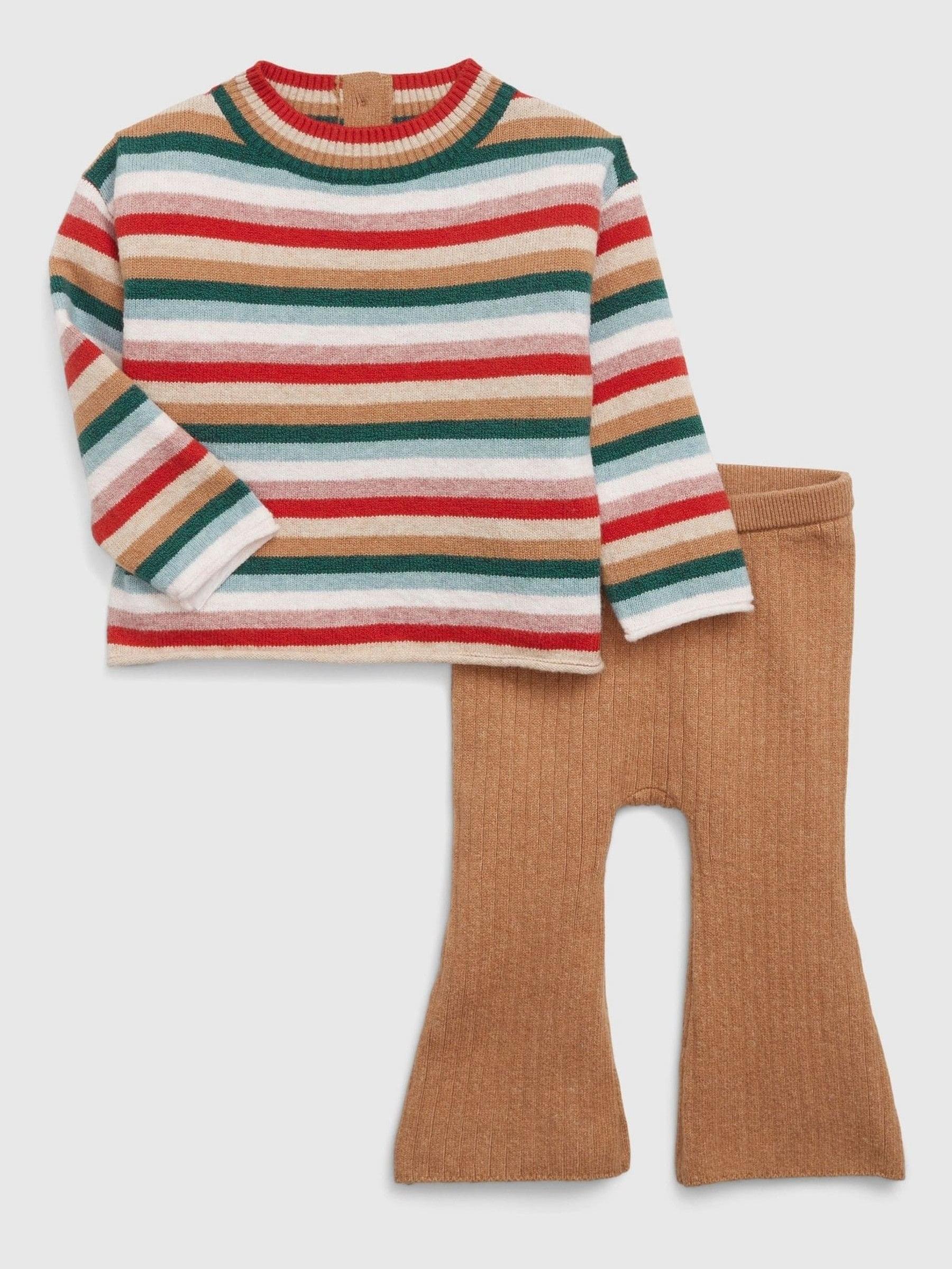 Red, Green & Brown CashSoft Knit Stripe Jumper and Leggings Set - Image 1 of 1