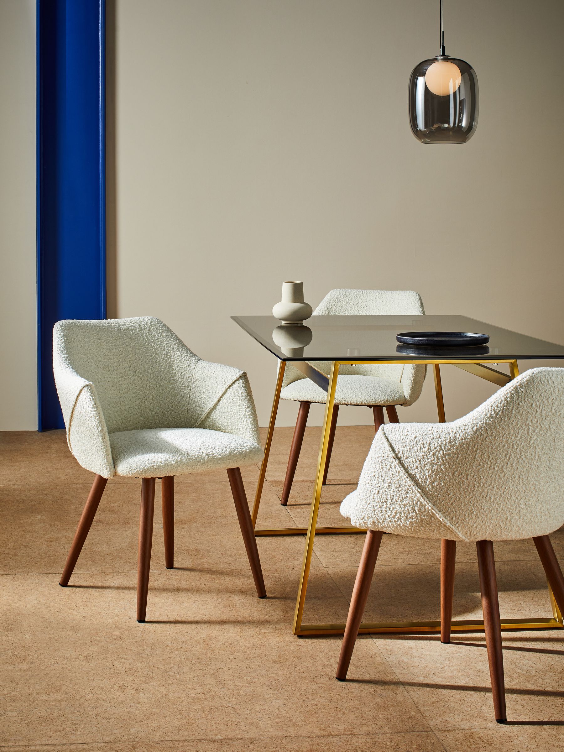 Set of Lule Arm Dining Chairs in White Boucle and Walnut Legs Made