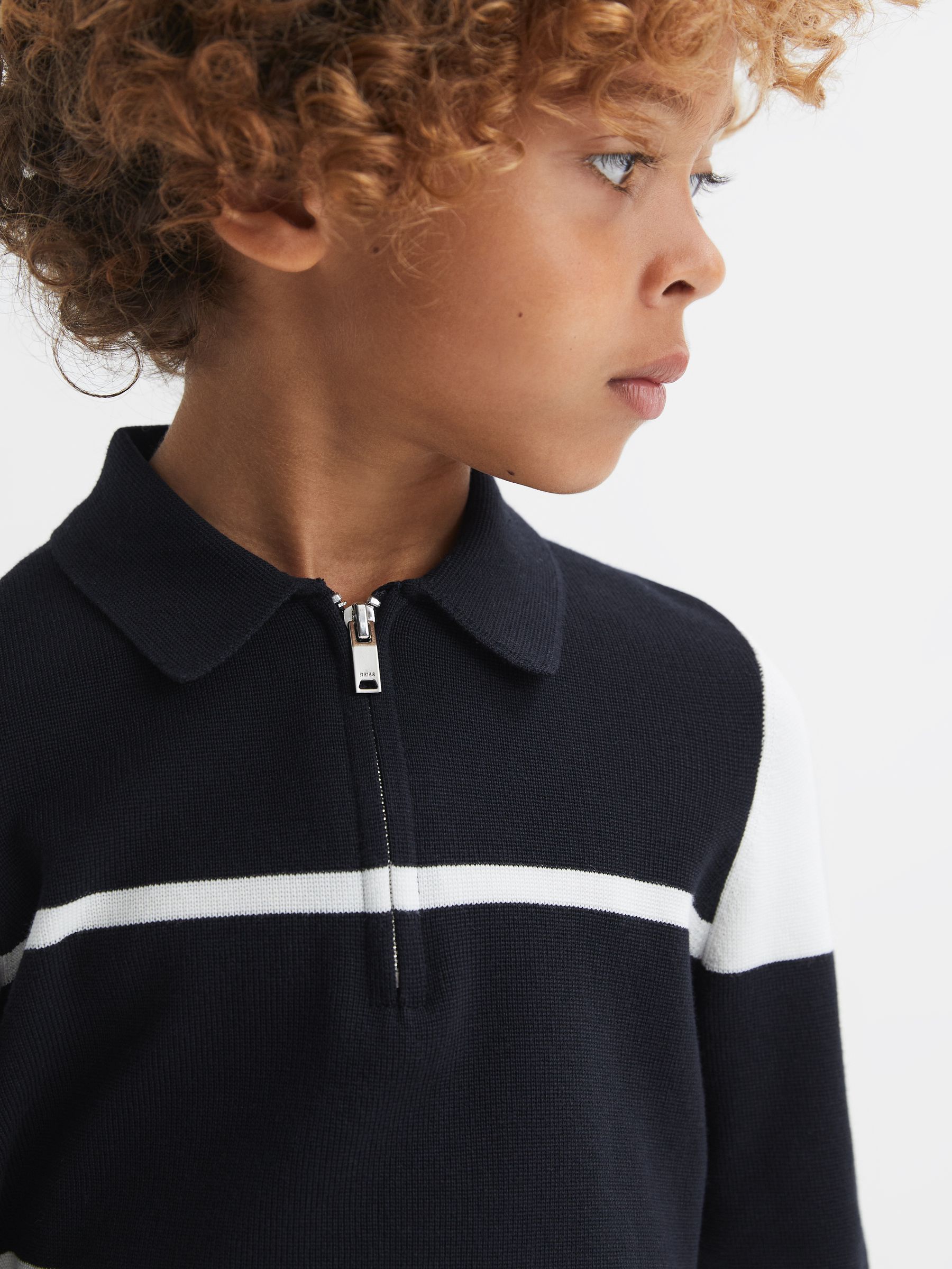 13-14 yrs Colour-Block Half-Zip Polo Shirt in Navy/White - Image 3 of 5