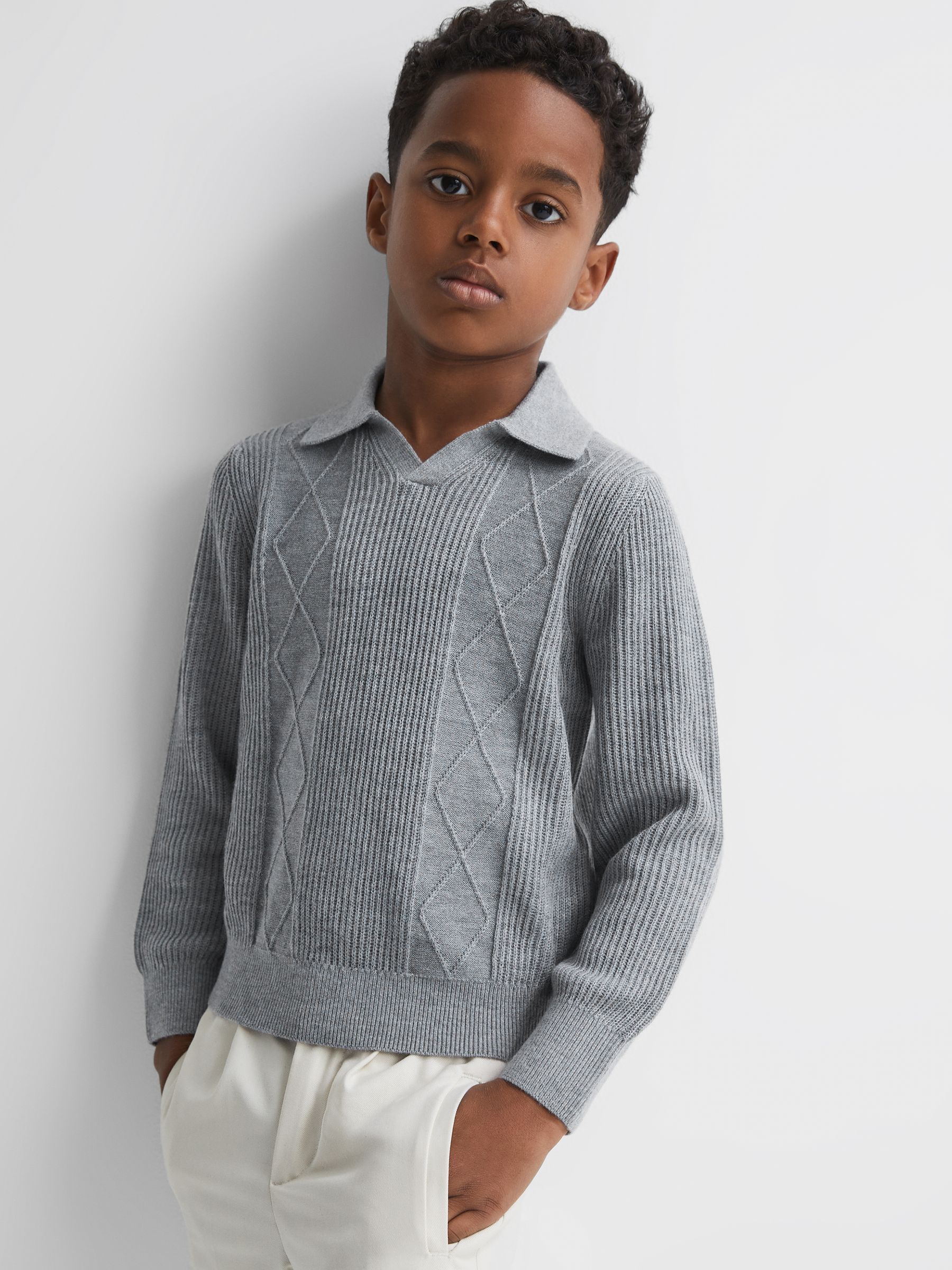 Teen Knitted Open-Collar Top in Soft Grey Melange - Image 1 of 6