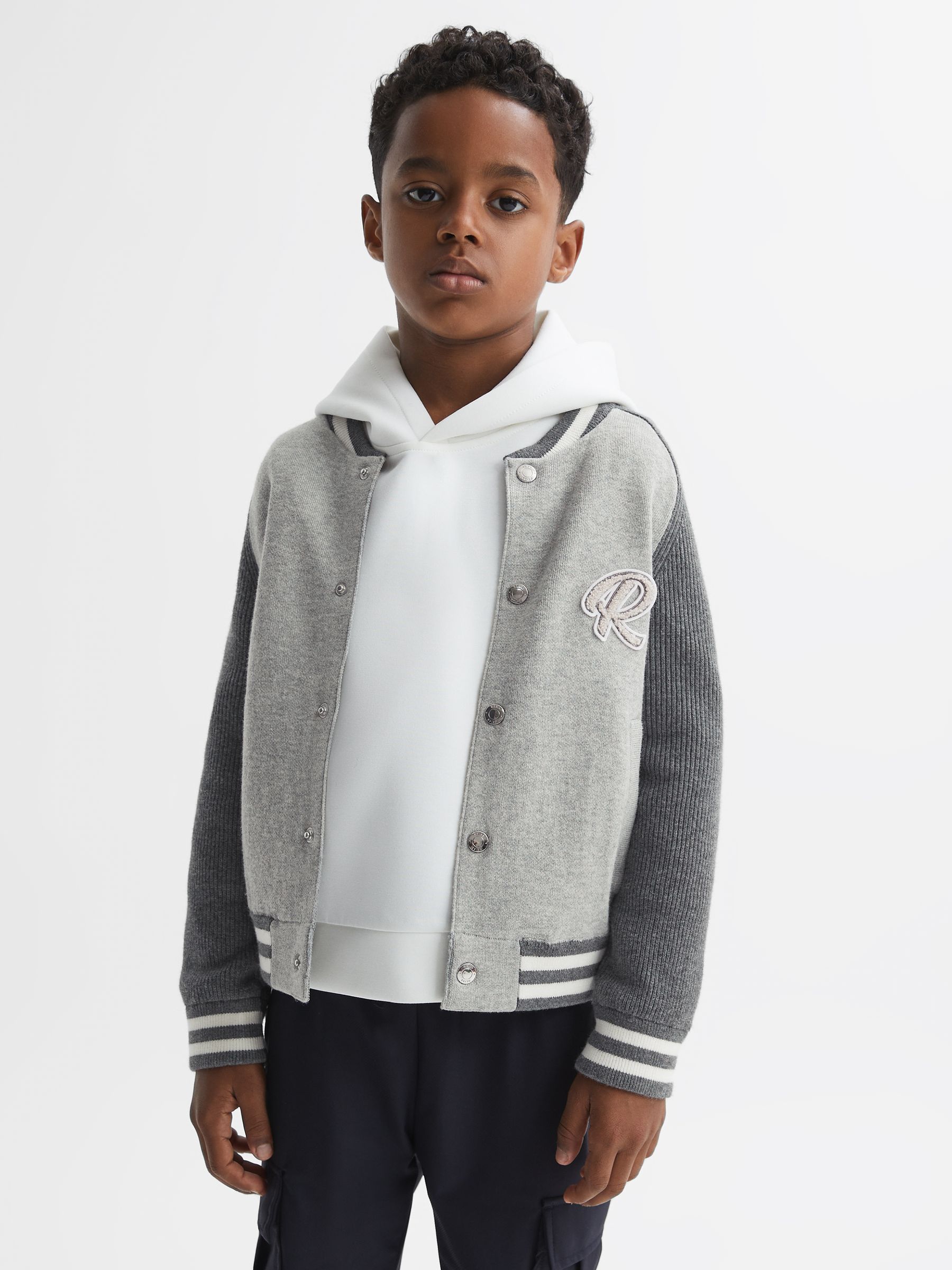 Reiss 13-14 yrs Cotton Blend Varsity Bomber Jacket in Soft Grey