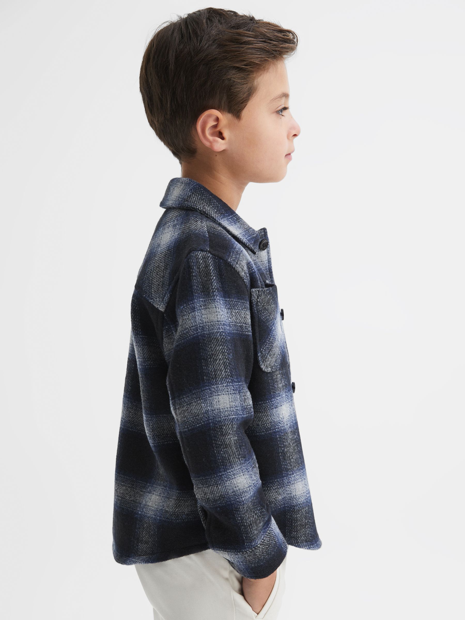 Wool Blend Check Overshirt in Blue Multi - Image 1 of 7