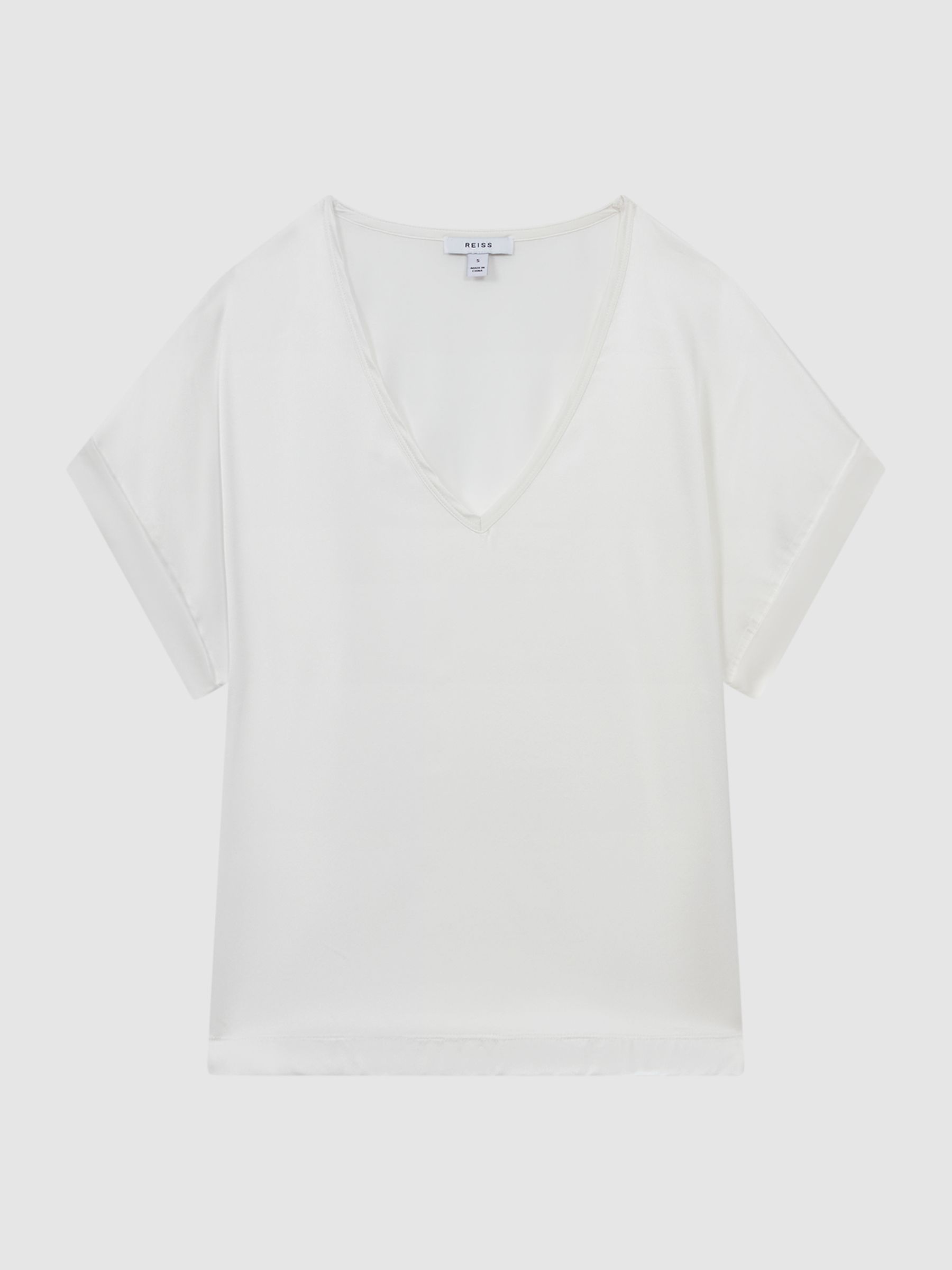 Silk-Front V-Neck T-Shirt in Ivory - Image 2 of 5