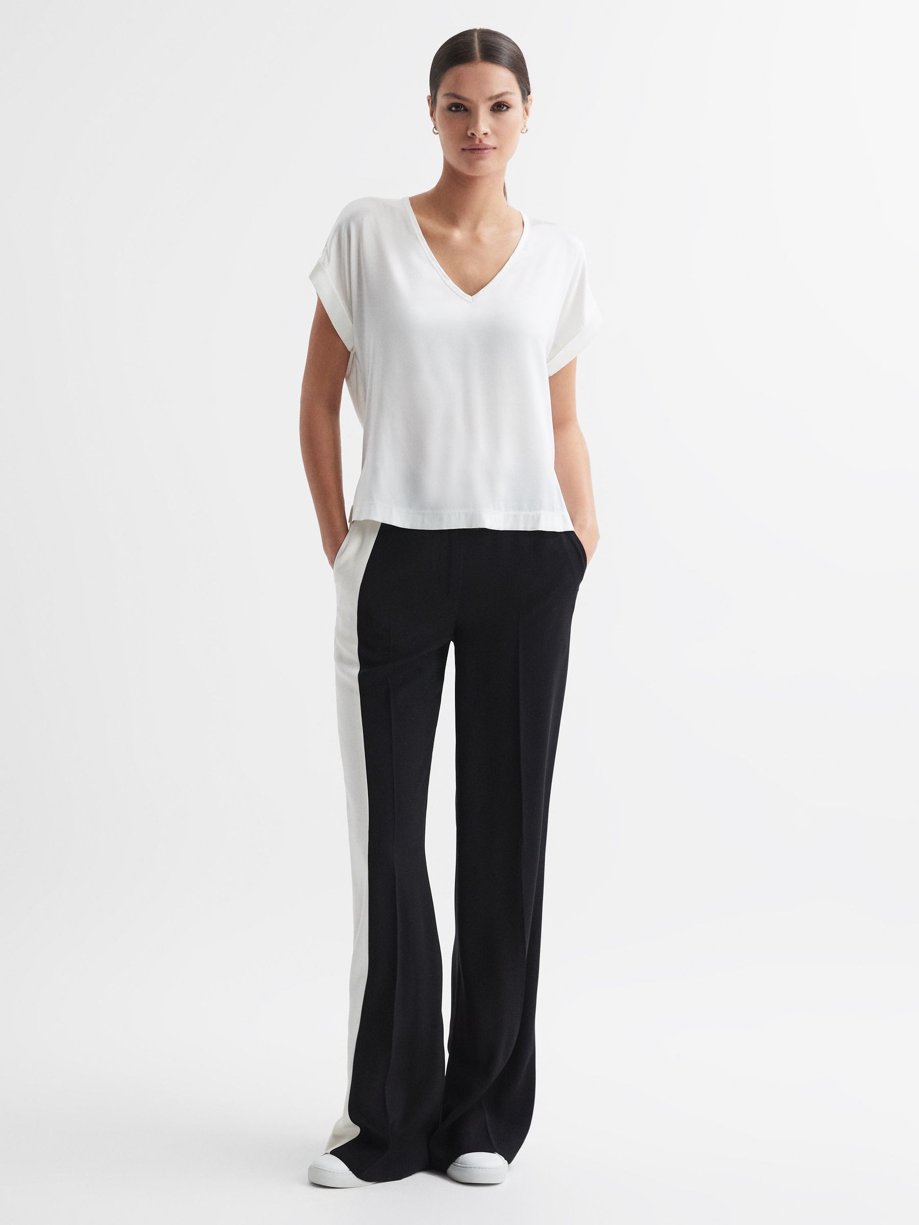 Silk-Front V-Neck T-Shirt in Ivory - Image 3 of 5