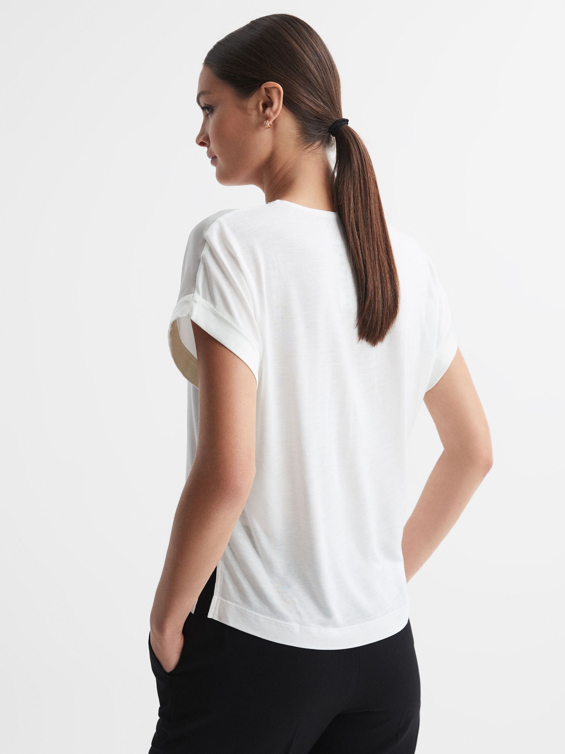 Silk-Front V-Neck T-Shirt in Ivory - Image 4 of 5