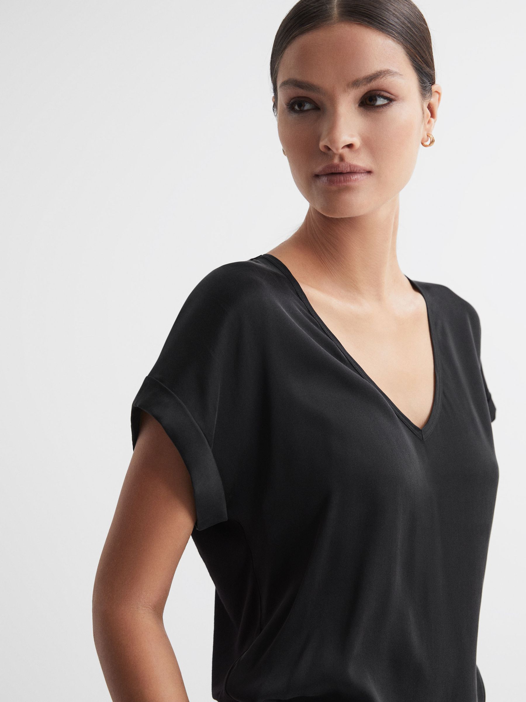 Silk-Front V-Neck T-Shirt in Black - Image 1 of 4 Silk-Front V-Neck T-Shirt in Black - Image 1 of 4