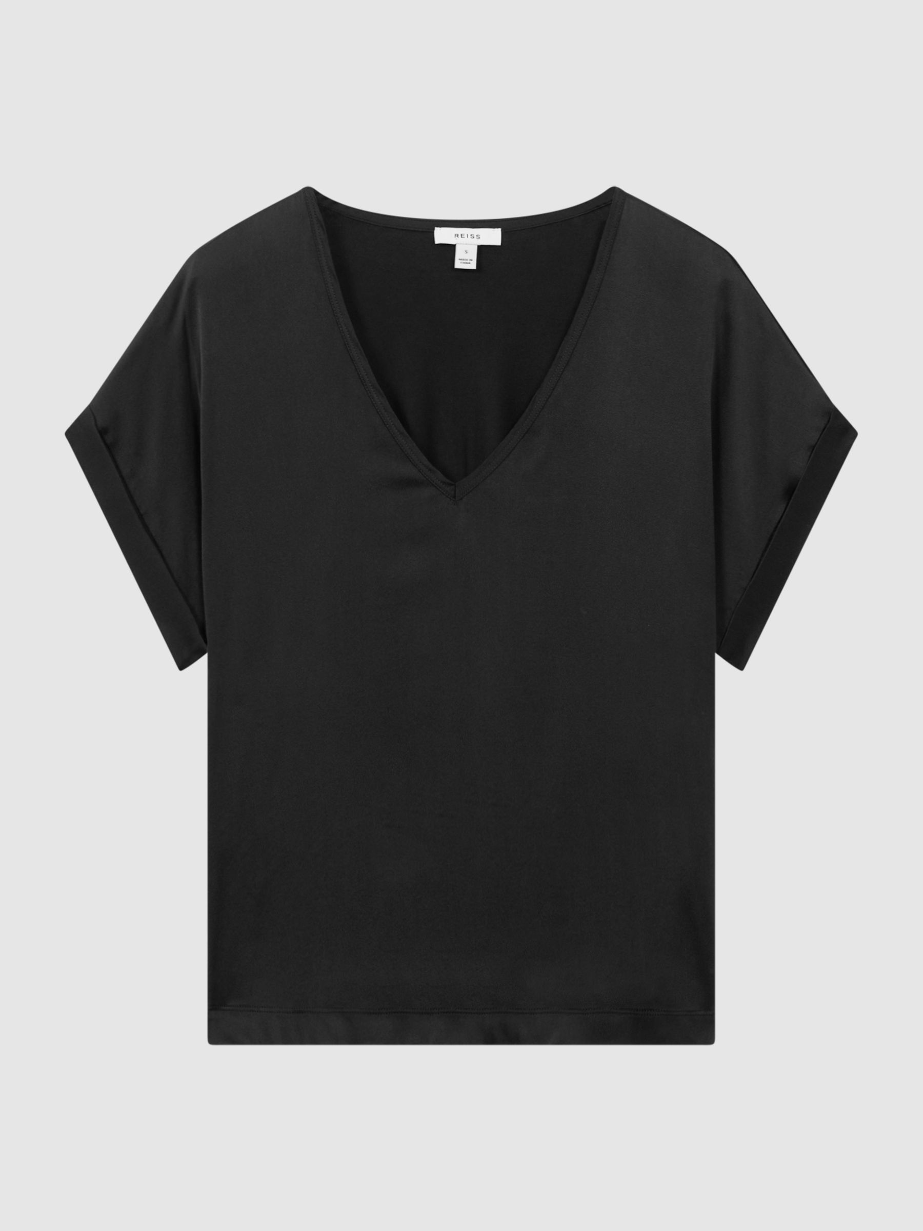 Silk-Front V-Neck T-Shirt in Black - Image 2 of 4