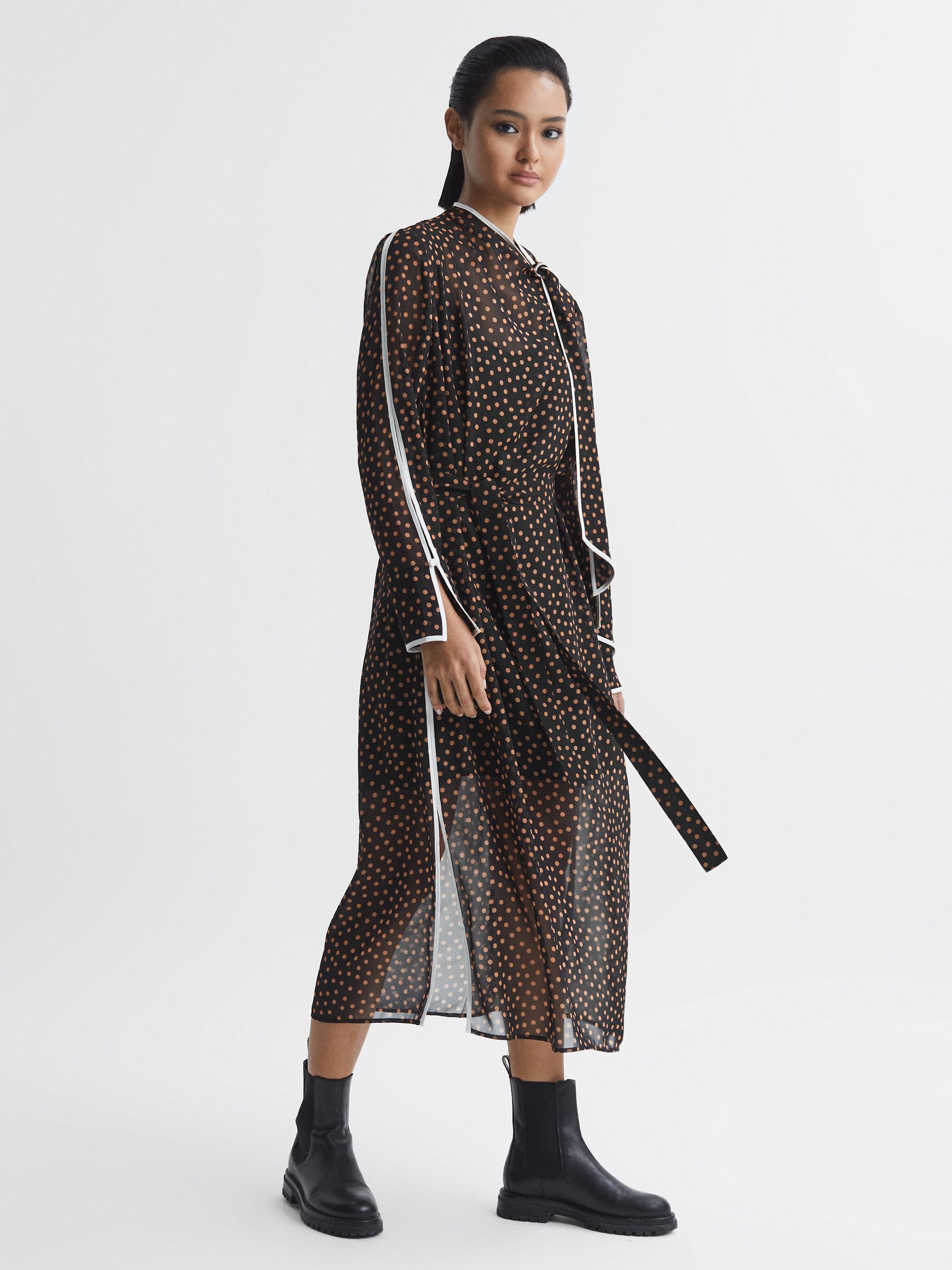 Polka Dot Tie Neck Midi Dress in Black/Brown - Image 1 of 5