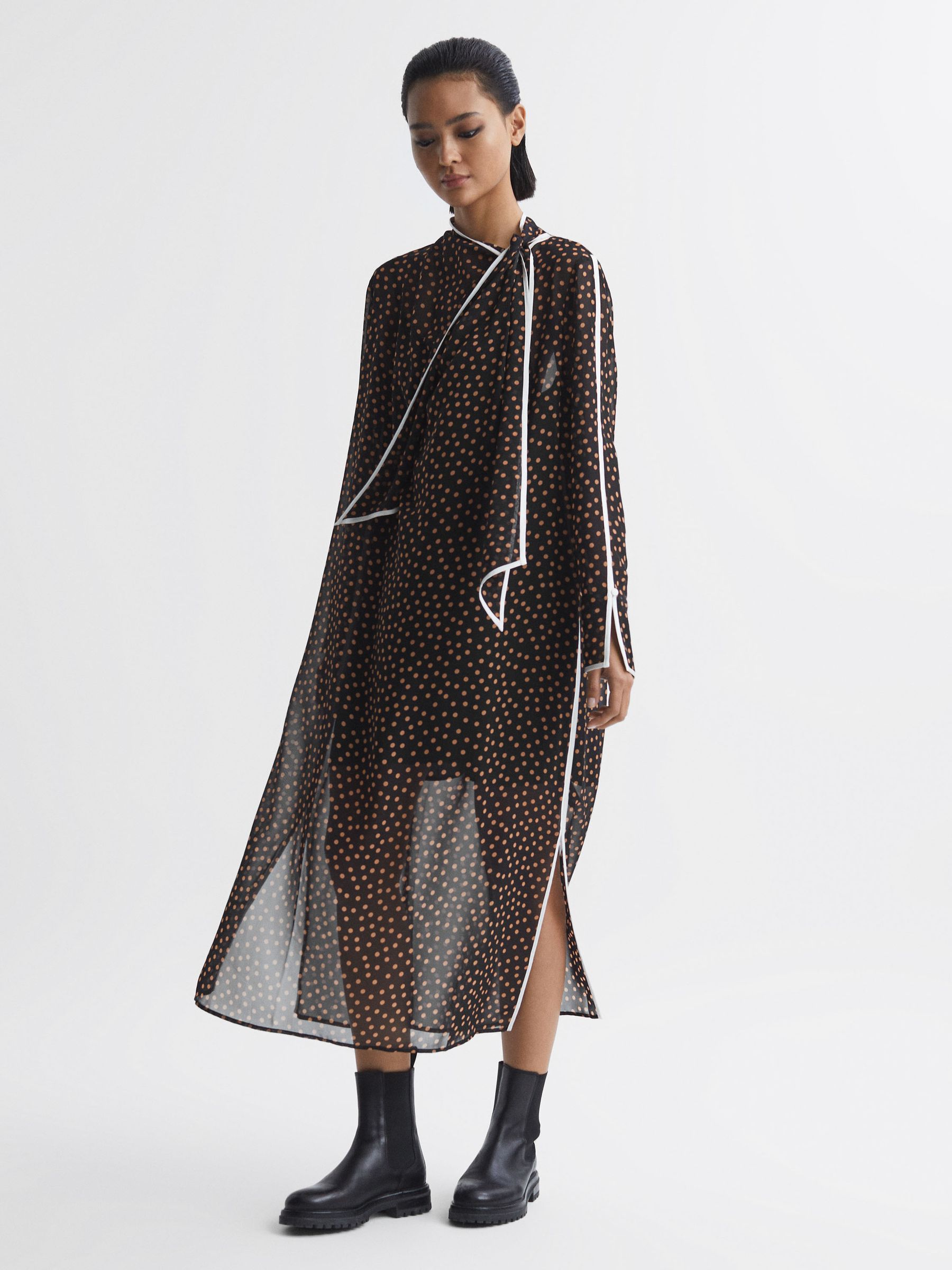 Polka Dot Tie Neck Midi Dress in Black/Brown - Image 3 of 5
