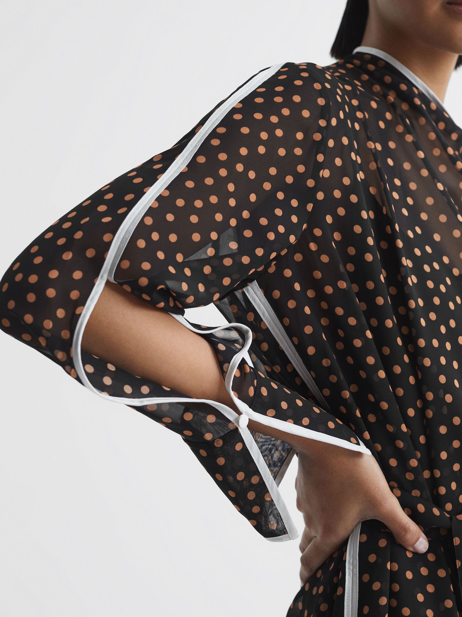 Polka Dot Tie Neck Midi Dress in Black/Brown - Image 4 of 5