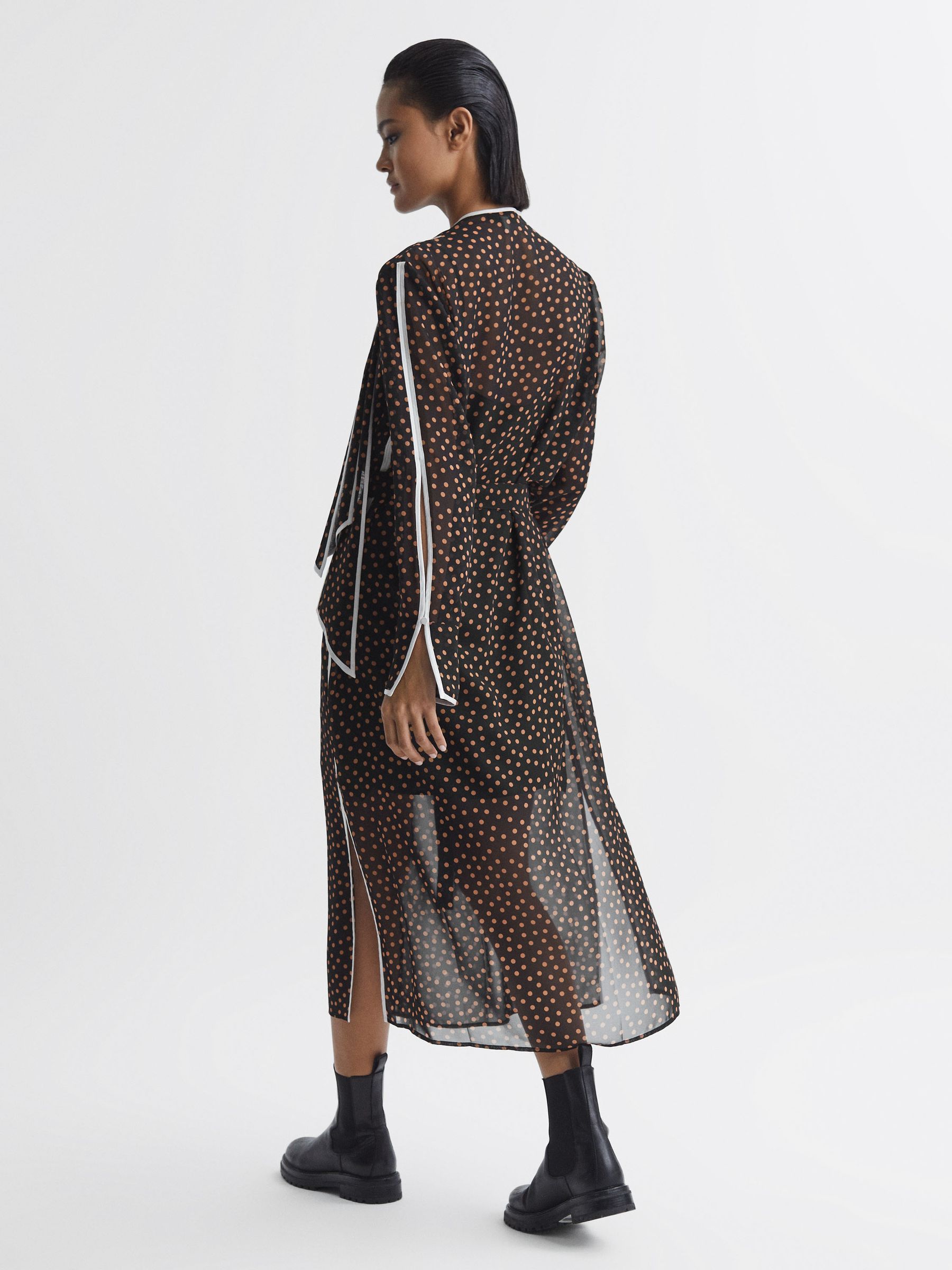 Polka Dot Tie Neck Midi Dress in Black/Brown - image 5