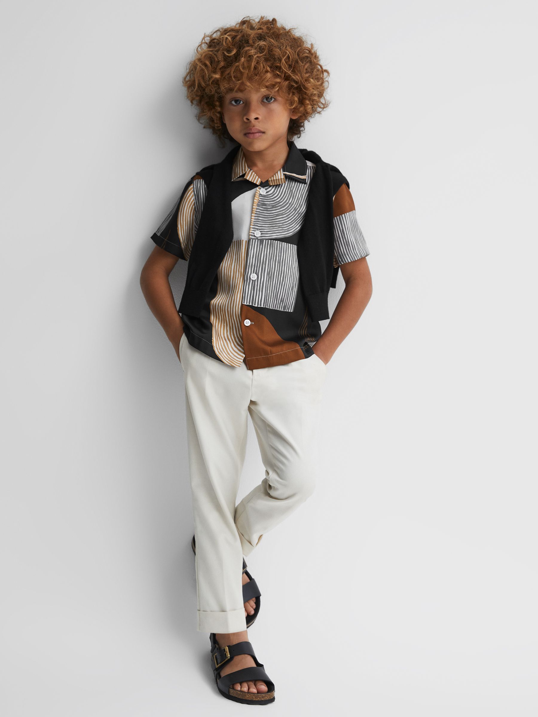 3-9 yrs Printed Cuban Collar Shirt in Tobacco/Navy - Image 6 of 7