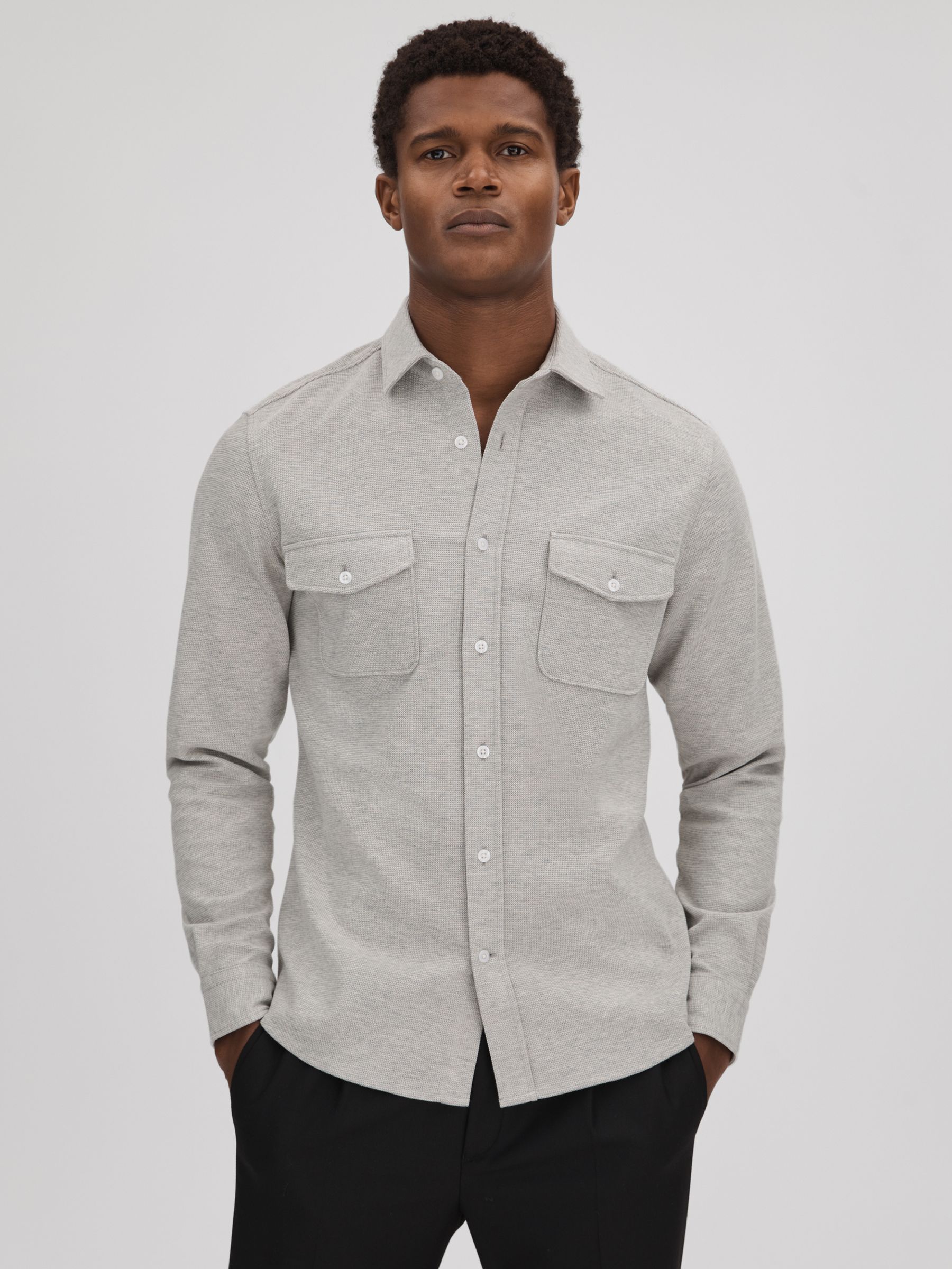 Textured Button-Through Shirt in Soft Grey Melange - Image 1 of 6