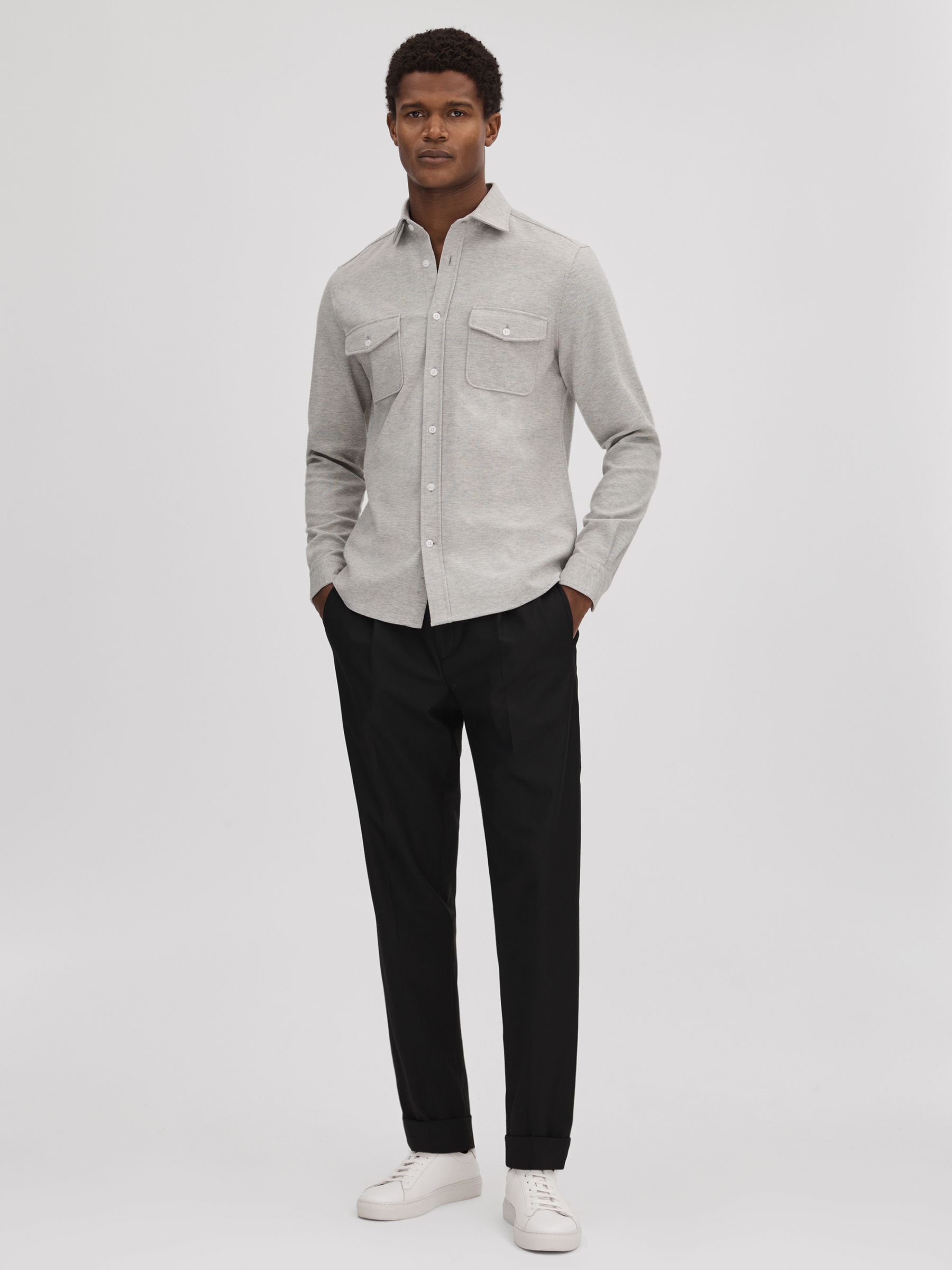 Textured Button-Through Shirt in Soft Grey Melange - Image 3 of 6