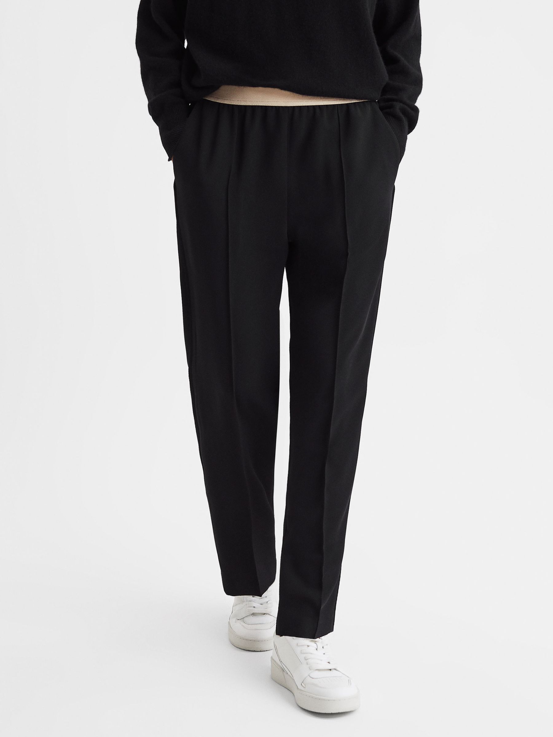 Elasticated Waistband Tapered Trousers in Black - Image 1 of 5