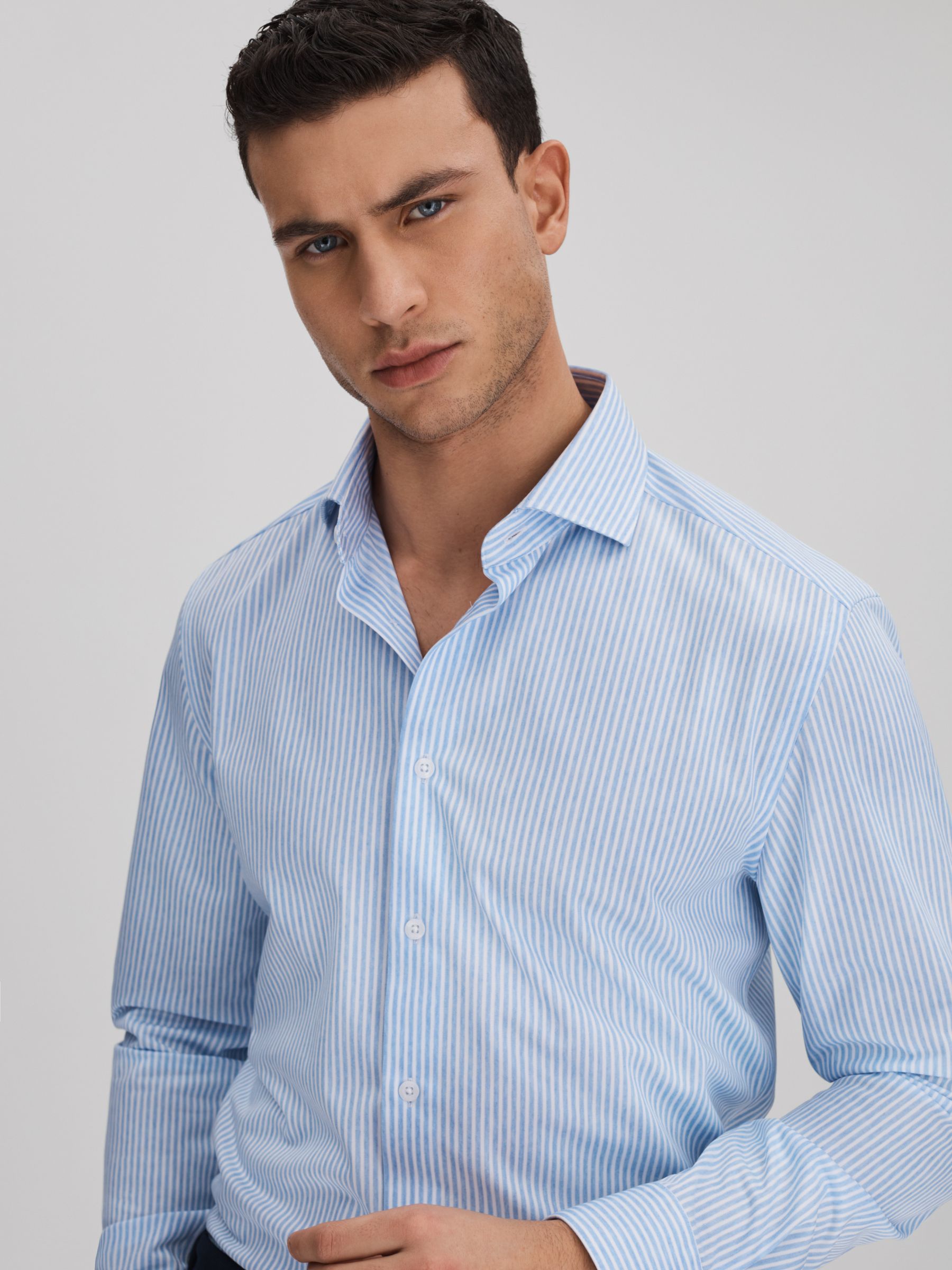 Striped Cutaway Collar Shirt in White/Soft Blue - Image 4 of 6