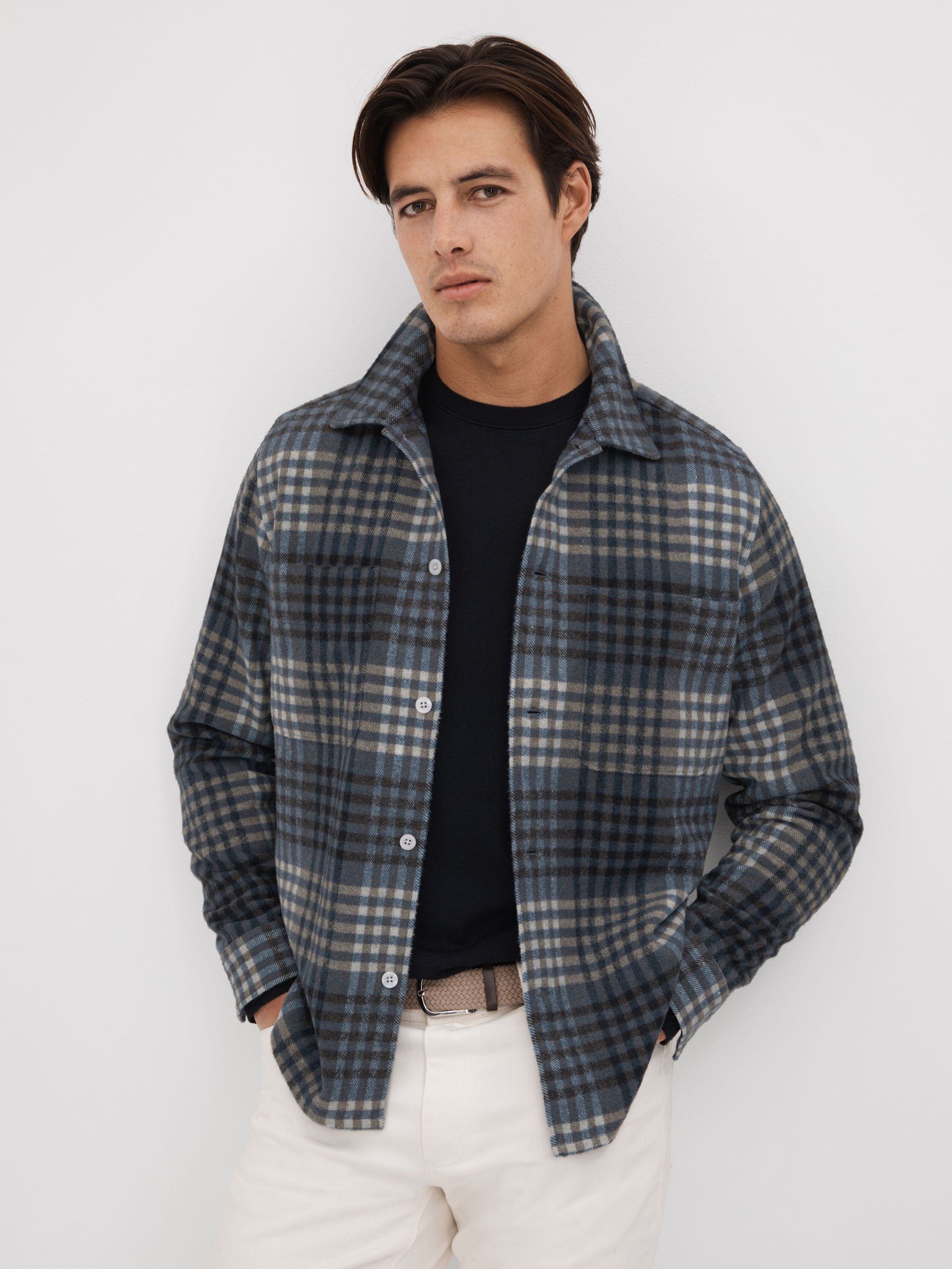 Brushed Check Button-Through Overshirt in Blue Multi - Image 1 of 6 Brushed Check Button-Through Overshirt in Blue Multi - Image 1 of 6