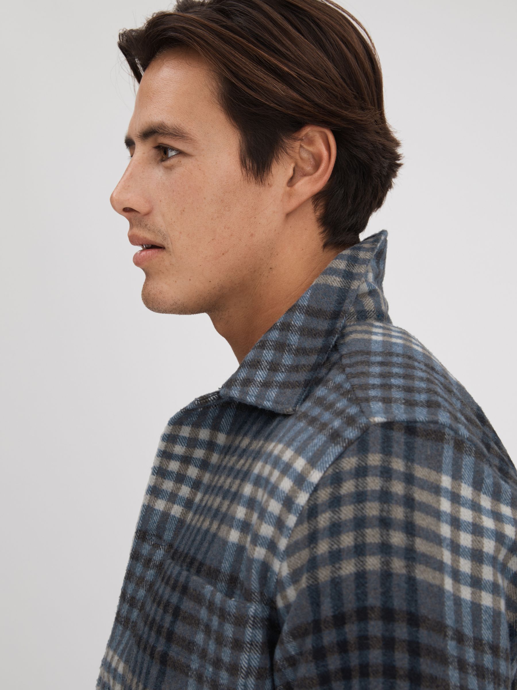 Brushed Check Button-Through Overshirt in Blue Multi - Image 4 of 6