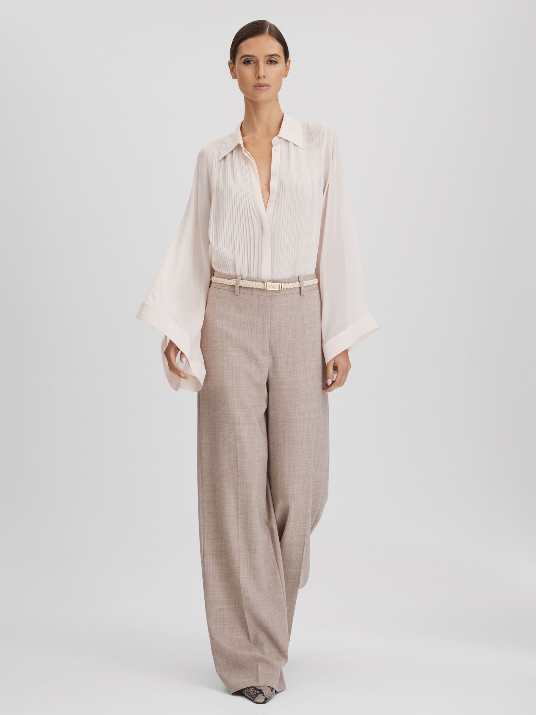 Pleated Flared Sleeve Blouse in Nude - Image 1 of 6 Pleated Flared Sleeve Blouse in Nude - Image 1 of 6