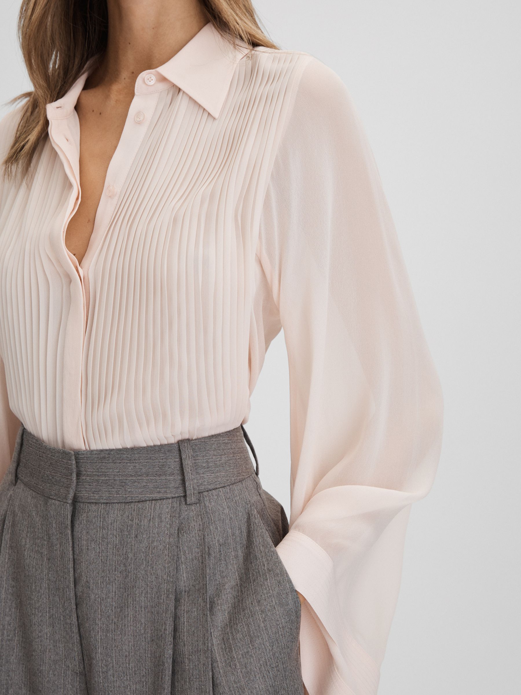 Pleated Flared Sleeve Blouse in Nude - Image 3 of 6