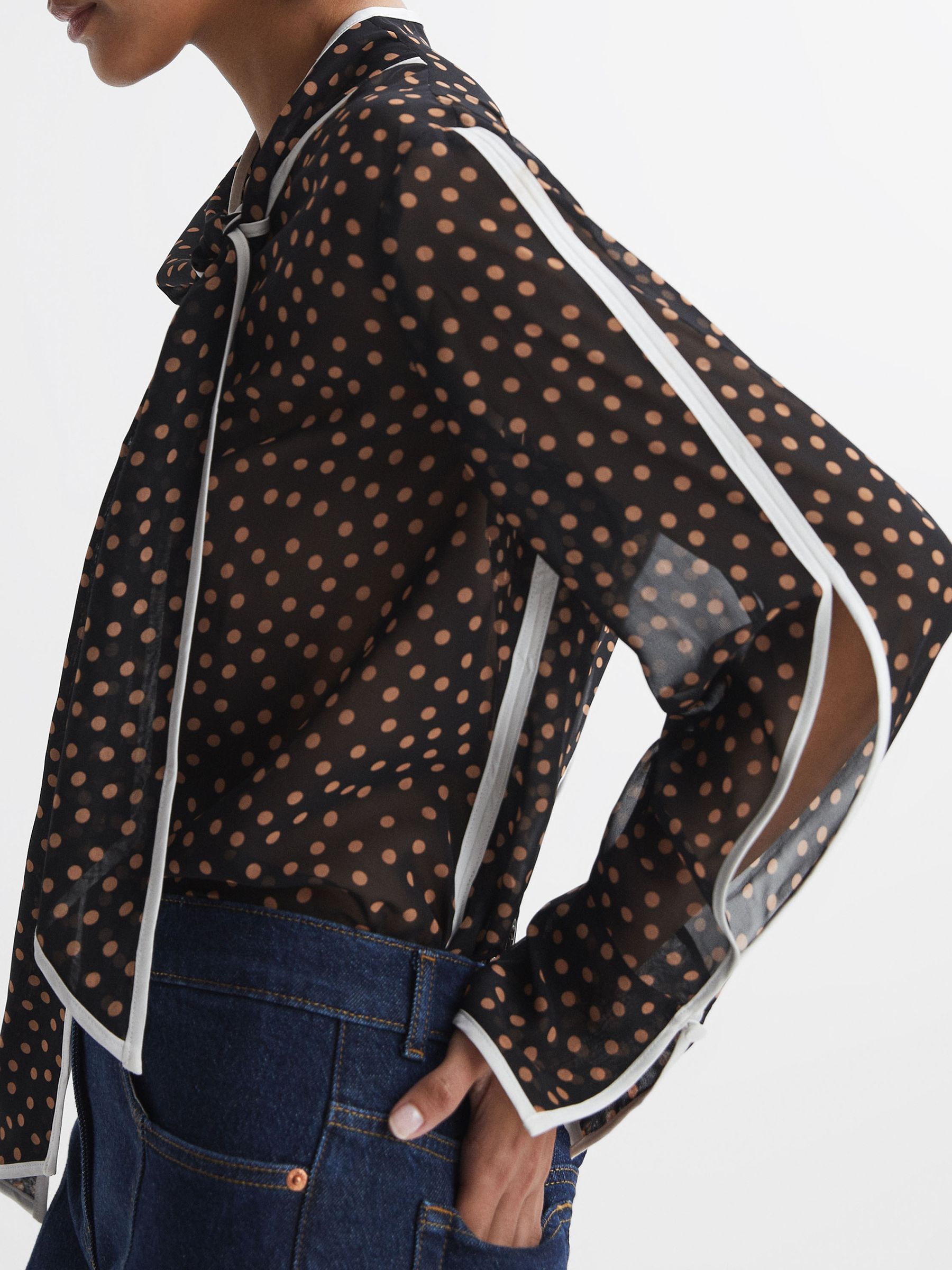 Polka Dot Tie Neck Blouse in Black/Rust - Image 1 of 5