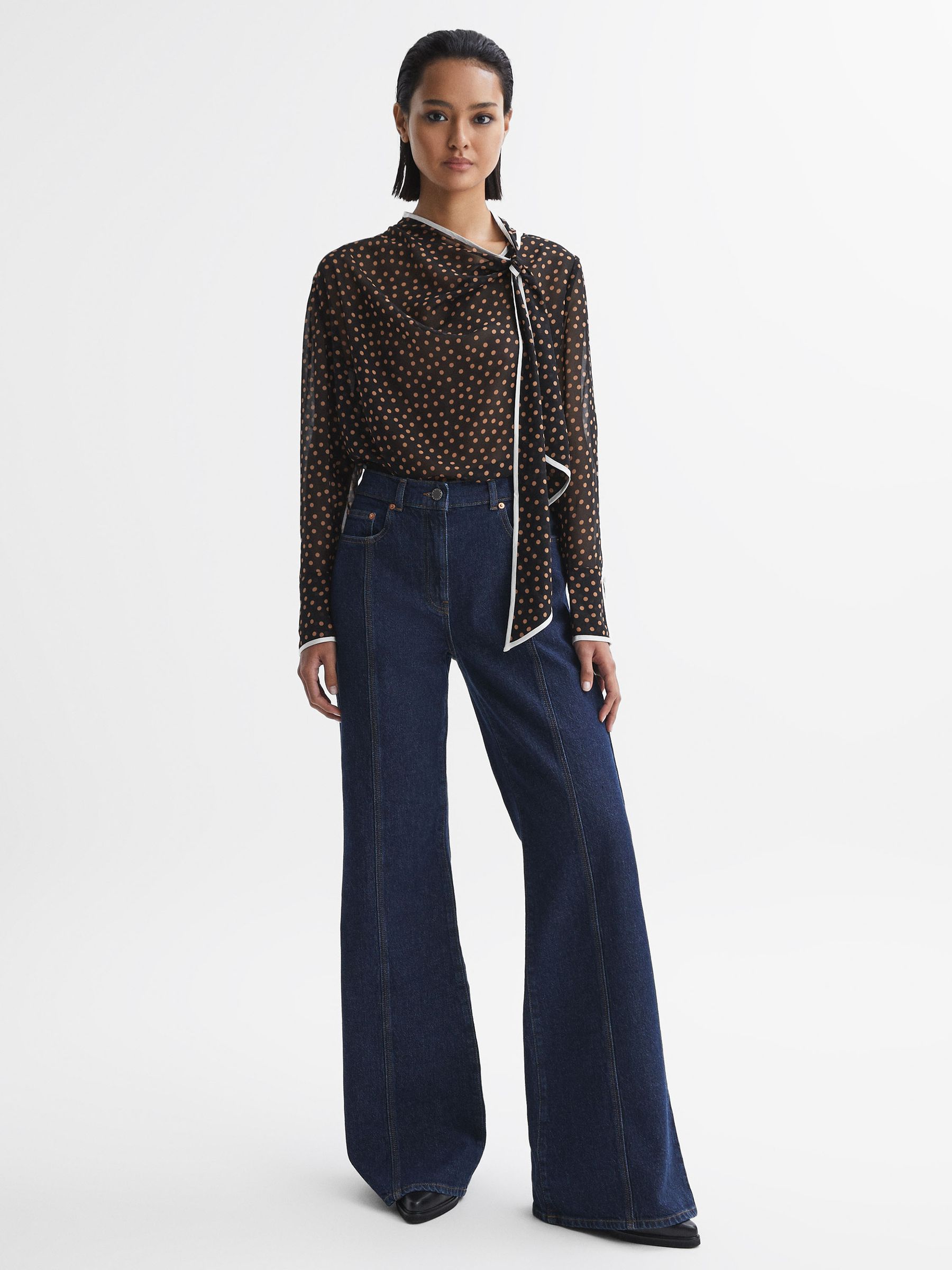 Polka Dot Tie Neck Blouse in Black/Rust - Image 3 of 5
