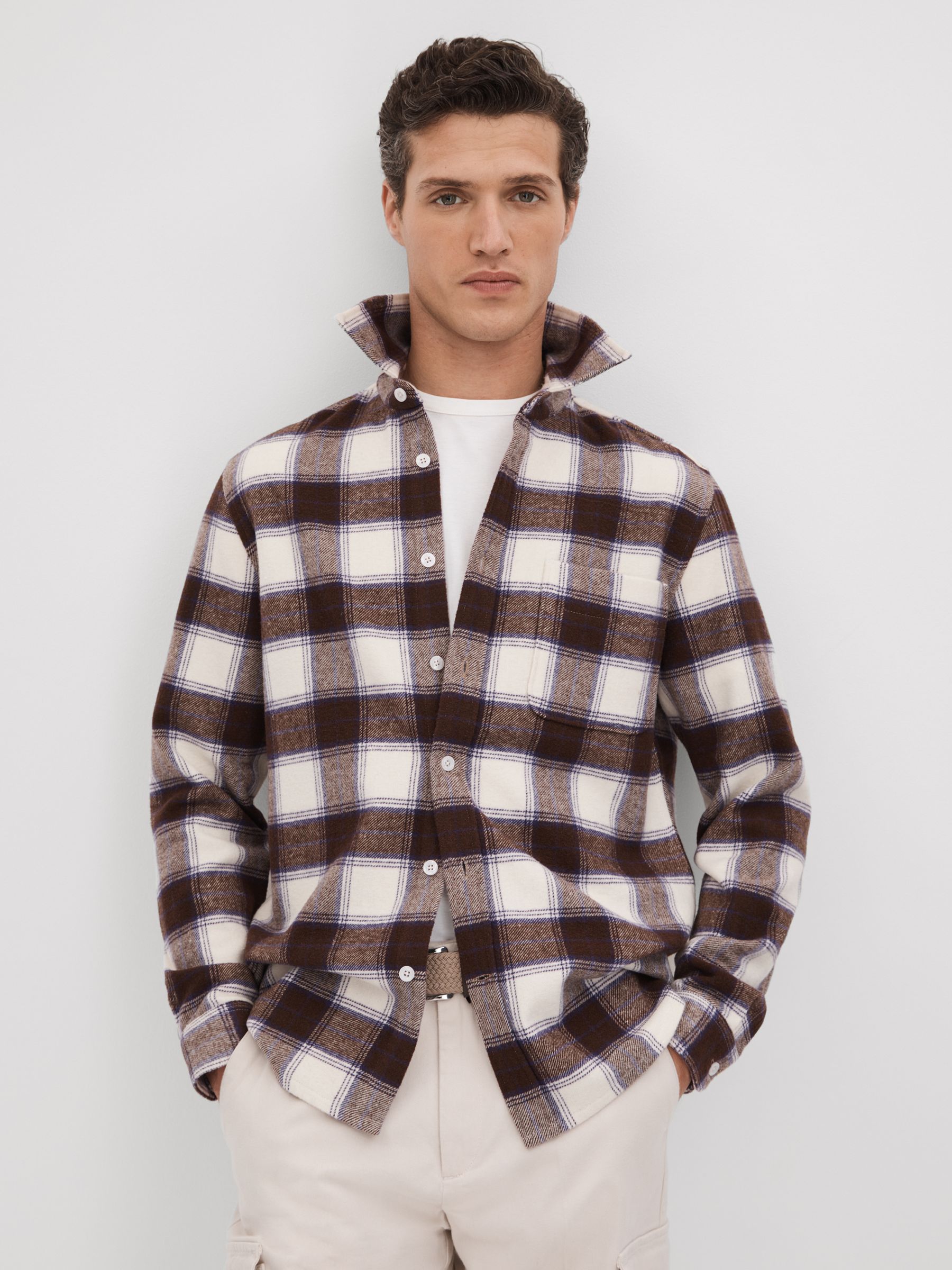 Brushed Checked Button-Through Shirt in Brown Multi - Image 1 of 6