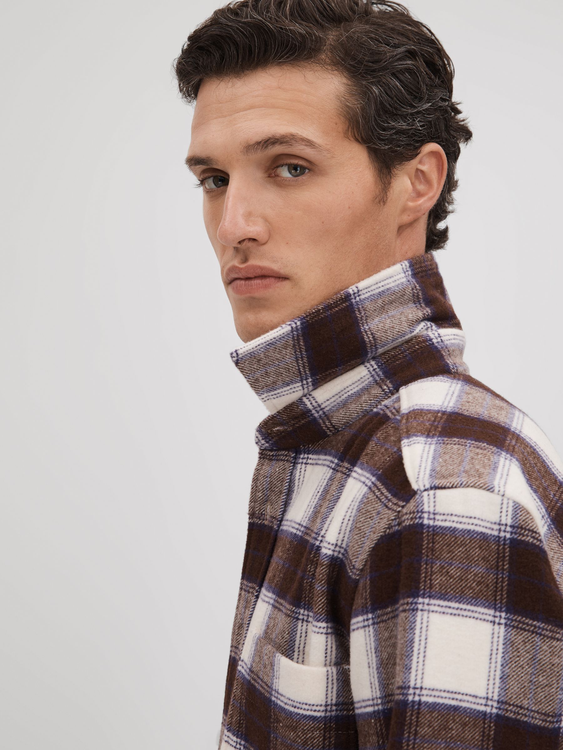 Brushed Checked Button-Through Shirt in Brown Multi - Image 4 of 6