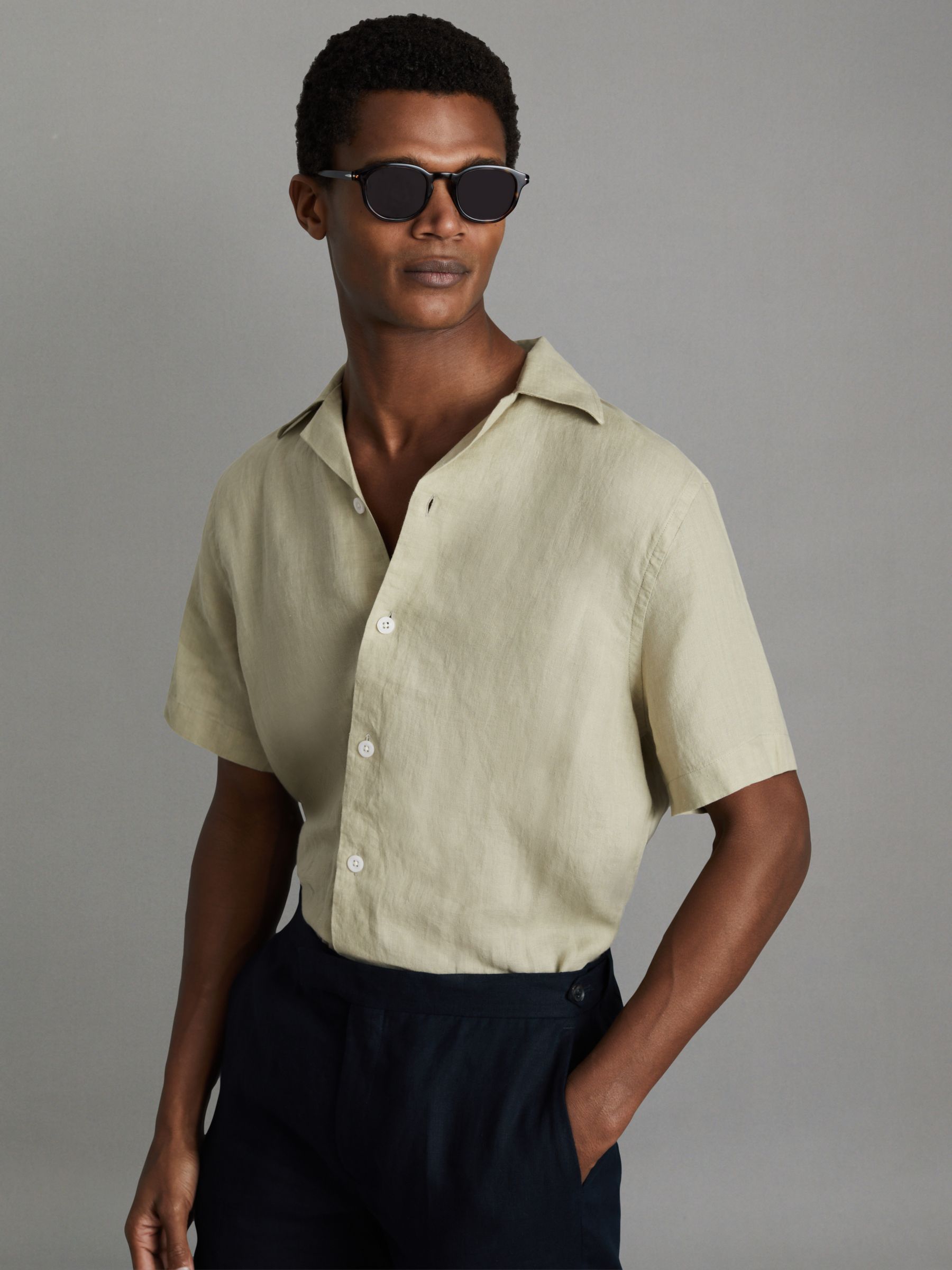 Relaxed Linen Cuban Collar Shirt in Chartreuse - Image 1 of 6